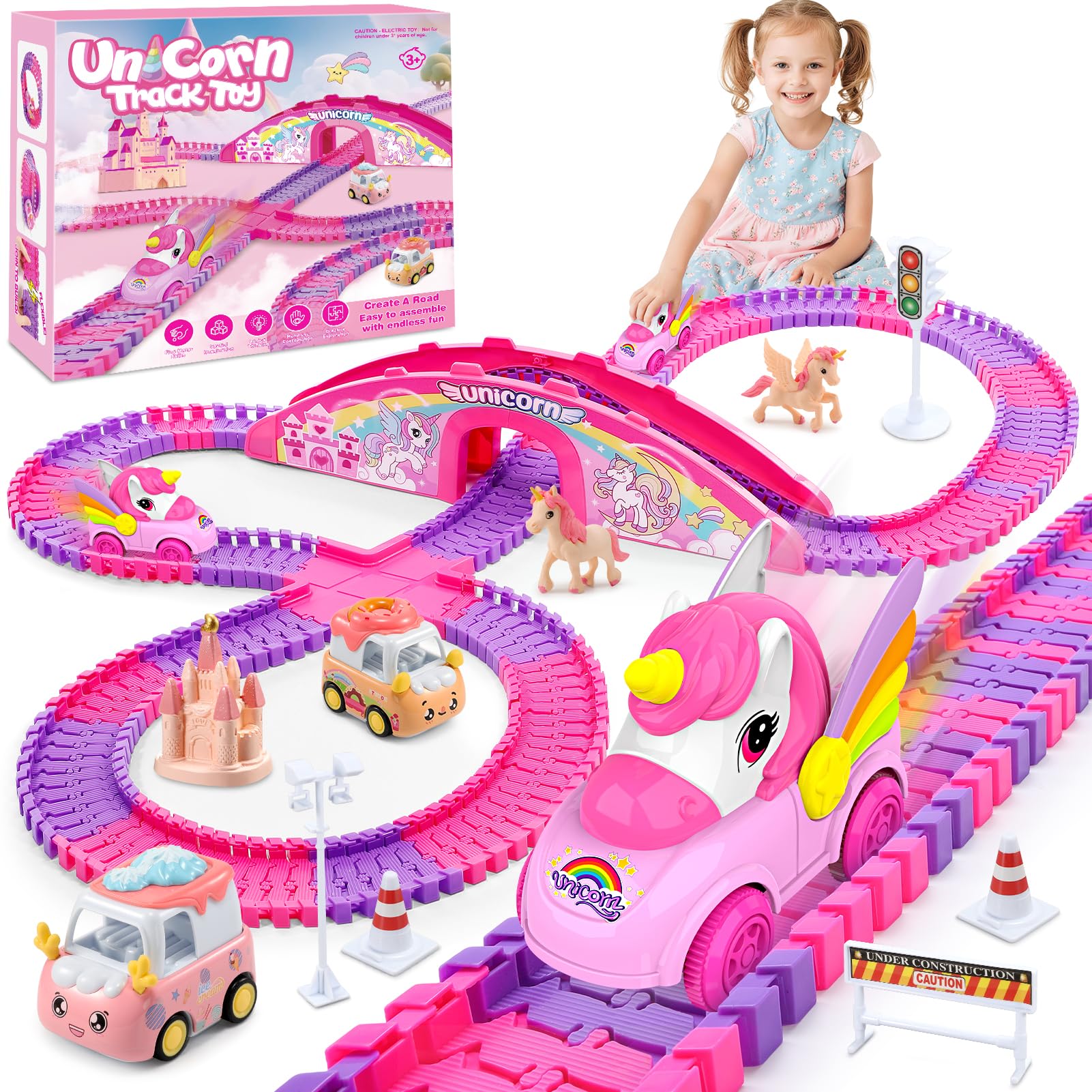 Aetyni Unicorn Toys Car Track for Kids Girls 4-6: 232 PCS Unicorn Monster Truck Race Track with 2 Pull Back Cars Toys for 3 4 5 6 7 Year Old Girl Toddler Christmas Birthday Gifts for Girl 3-5 6-8