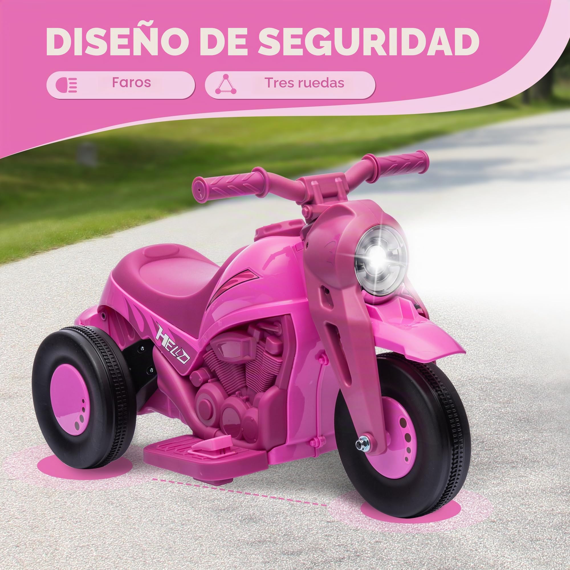 AIYAPLAY Moto Eléctrica Niños 3 Ruedas 6V 3km/h 2-5 Años Rosa | Coche Eléctrico Niños, Efectos Luminosos y Sonidos, Función Burbujas, Carga Máx. 30 kg