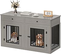 Vista 9 de YITAHOME Soporte de TV doble para perros de 63 pulgadas con toma de corriente, muebles de madera resistente para 2 perros, muebles