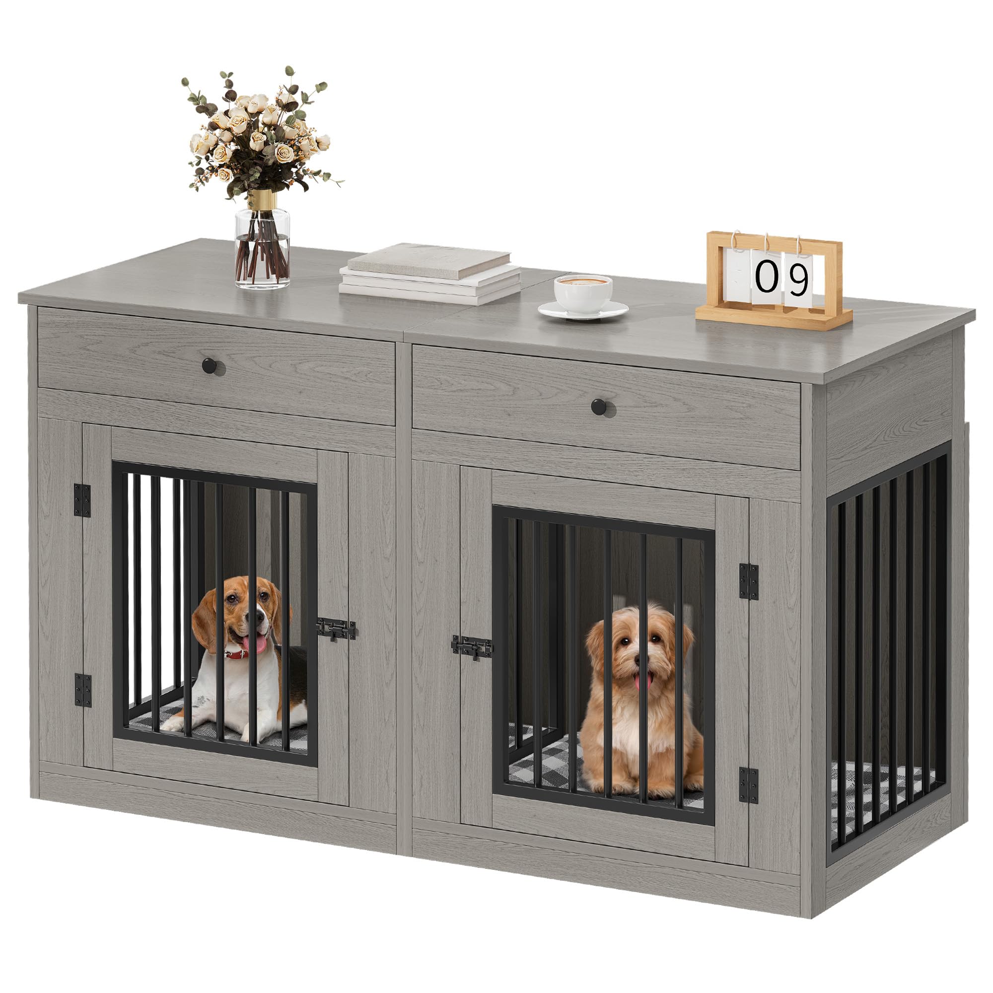 YITAHOME 60" Wooden Dog Crate Furniture with Removable Divider & Storage Drawers, Double Door Kennel with Locks for Medium and Large Dogs,
