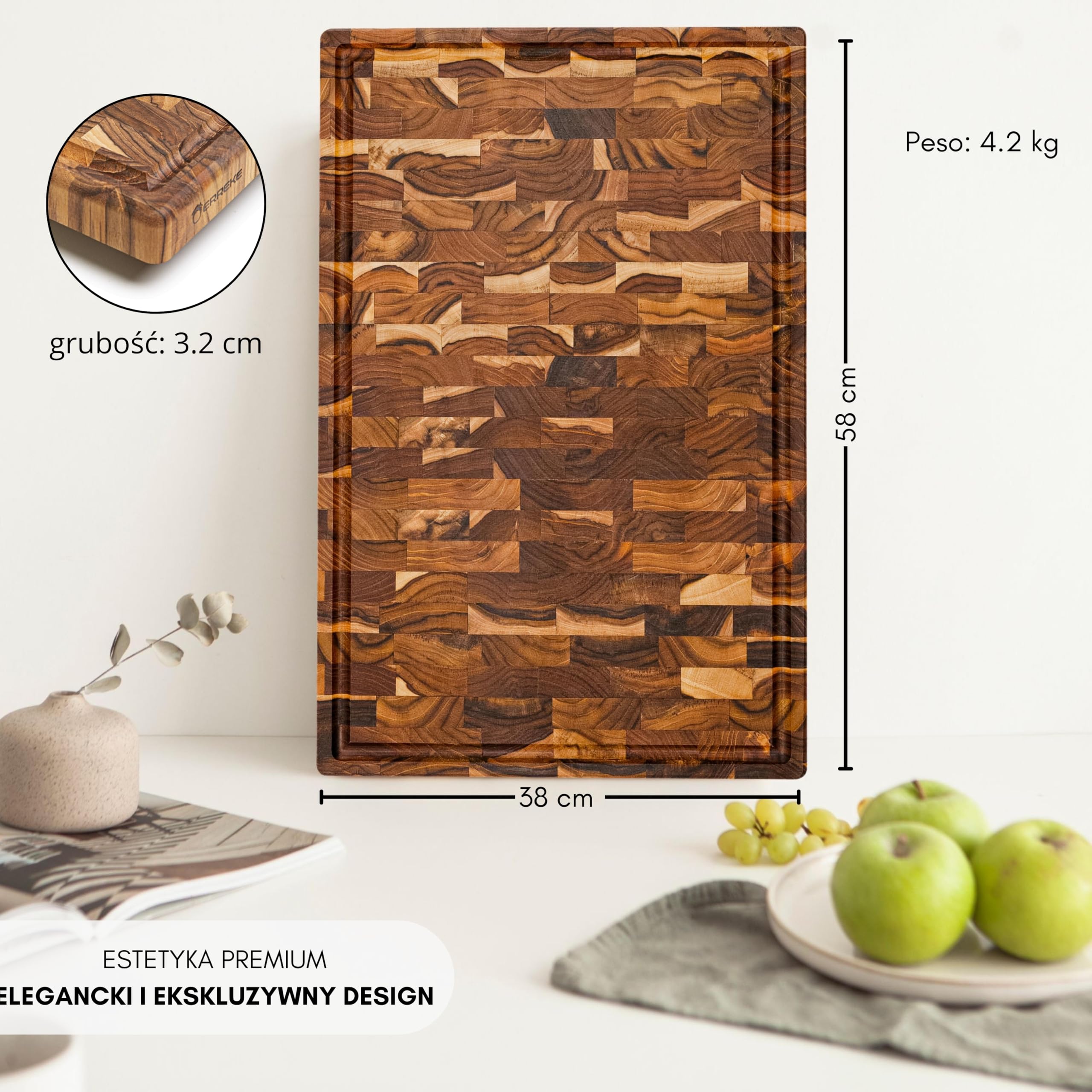 Erreke Deska z Drewna Tekowego End Grain, 58x38x3,2 cm, Bardzo Duża, Trwały | z Rowkiem na Soki. Antypoślizgowe Nóżki i Wbudowane Uchwyty. Drewniana Deska Kuchnia. Do Sera Wędlin Mięsa Chleba