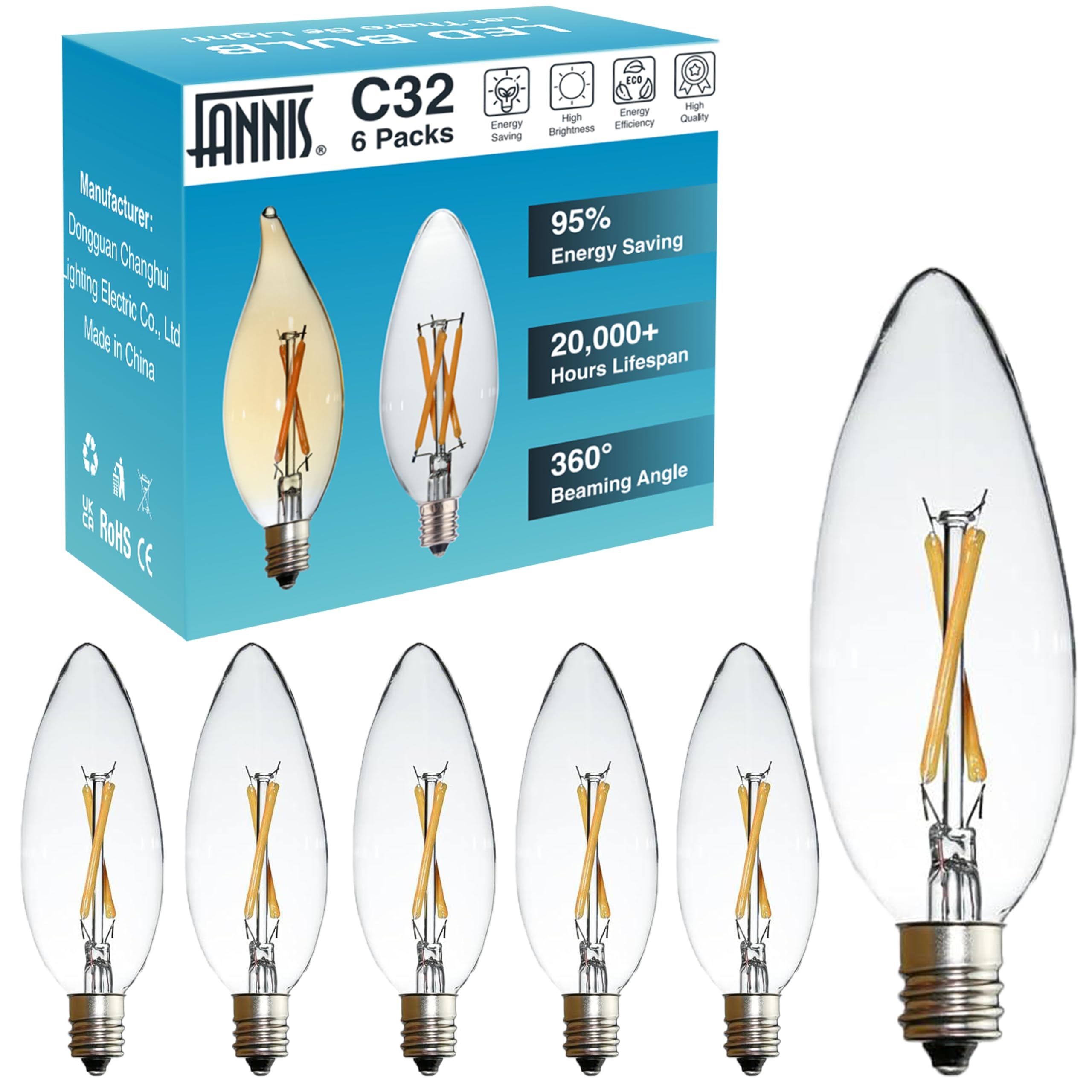 FANNIS 6 Pack B10 C32 LED Edison Bulb, 25 Watt Equivalent, E12