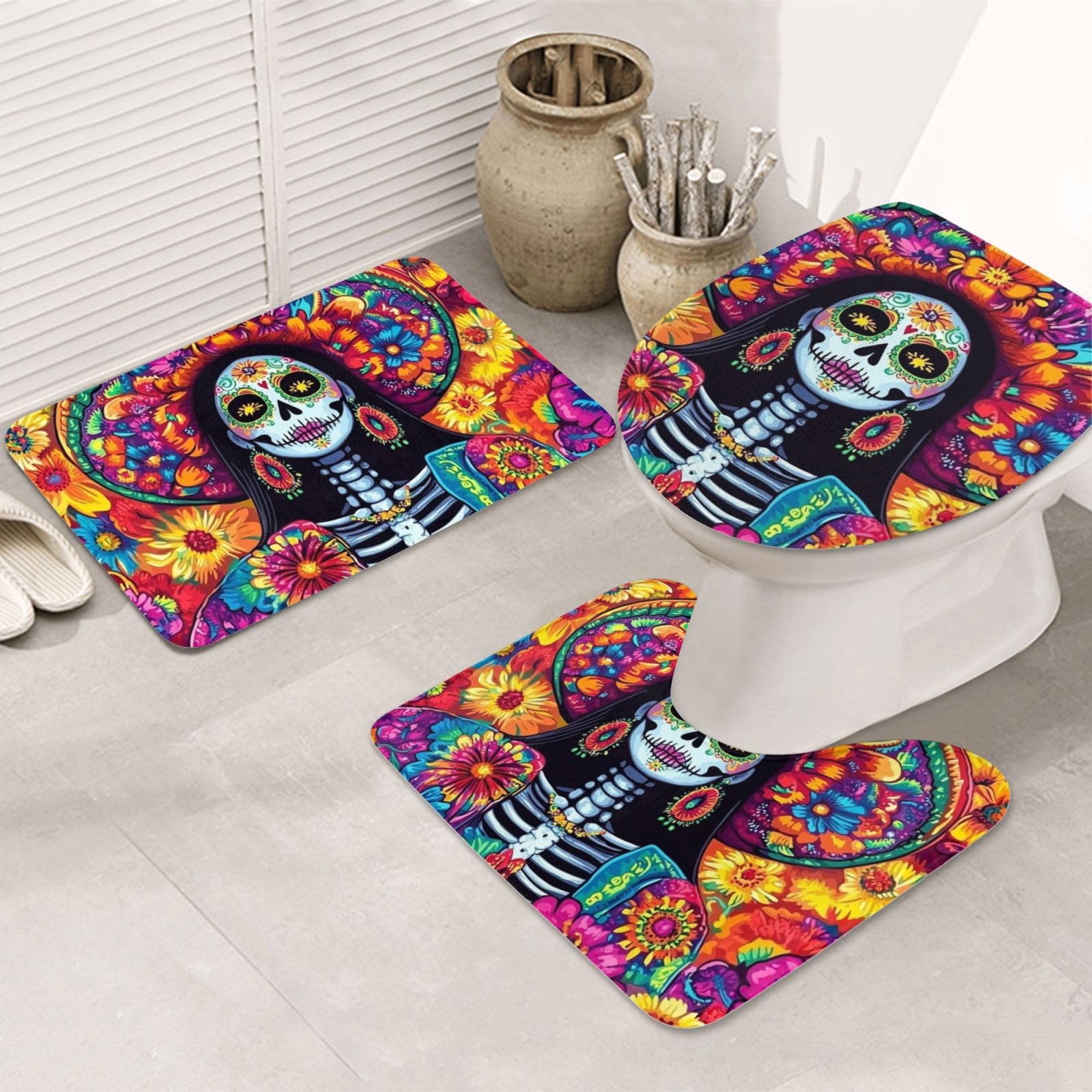 Alfombrilla de baño lavable a máquina juego de esqueleto antideslizante 3 piezas