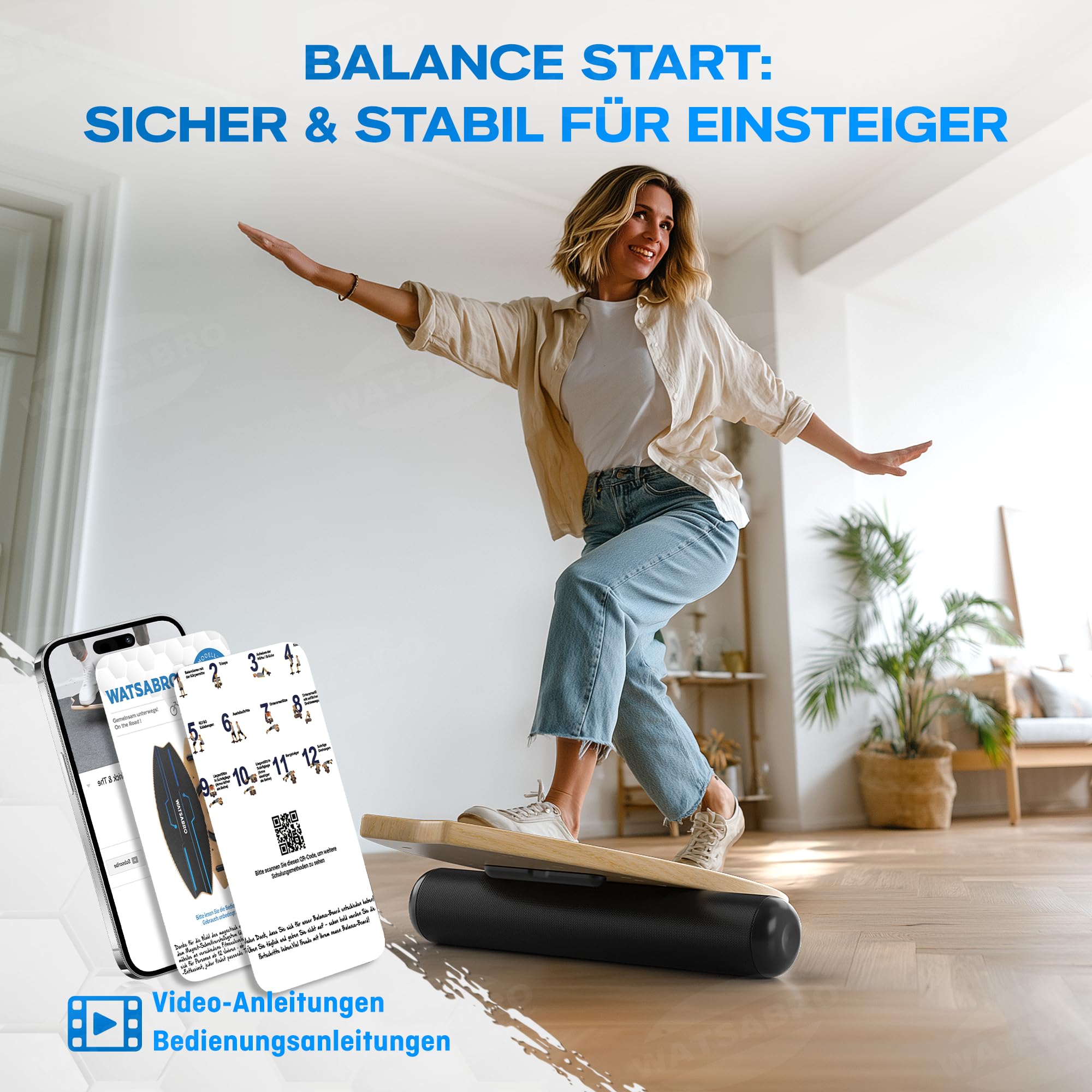 WATSABRO Balance Board, Surf Balance Board mit Verstellbaren Stoppern | Rutschfest Gleichgewichtstrainer für Einsteiger & Profis, Echtholz Balanceboard für Kinder Erwachsene inklusive Rolle & Ball