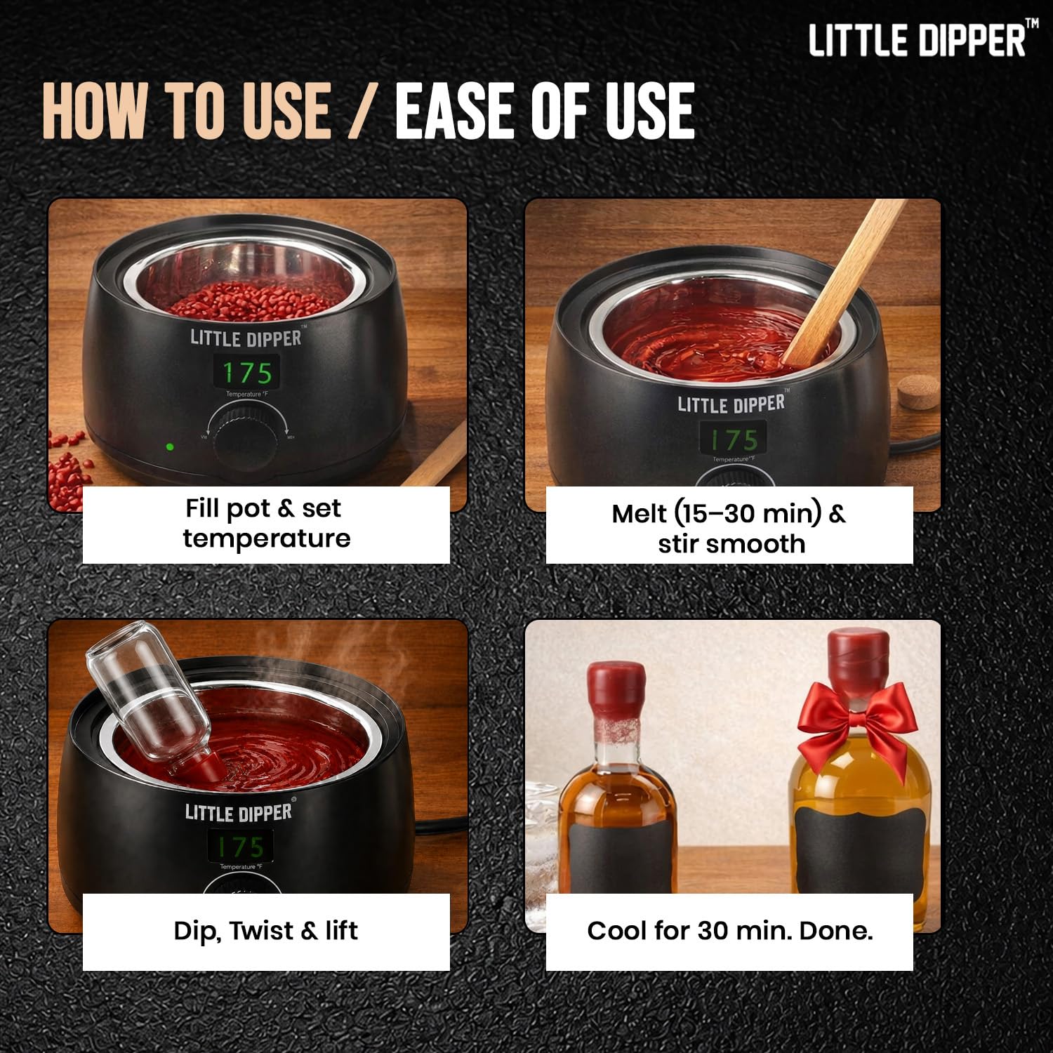 Little Dipper - Kit de cera para sellado de botellas, perfecto para hacer whisky, infusión de alcohol, elaboración de vino casero y embotellado de cerveza Incluye calentador de cera eléctrico,