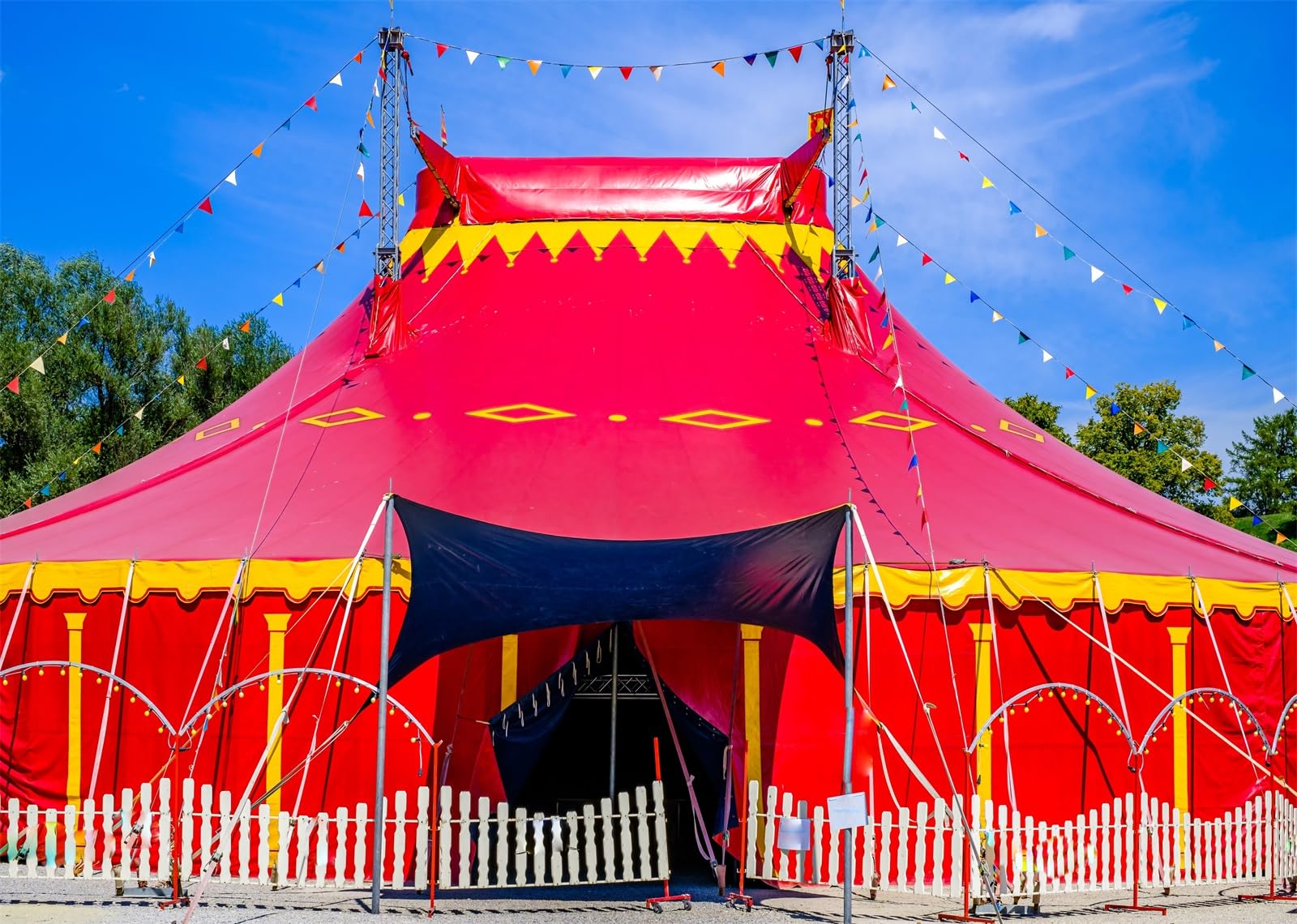 4.5x3m Sfondo fotografico con tendone da circo rosso, decorazioni per feste a tema carnevalesco, sfondo fotografico con tendone da circo, forniture per tavoli con torte di carnevale