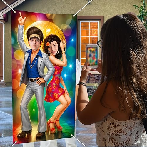 Miniatura 3 de Cartel de puerta de fotos de baile de discoteca retro para fiesta, telón de fondo de fiesta de los años 70 y 80, bola de espejo dorada para parejas,