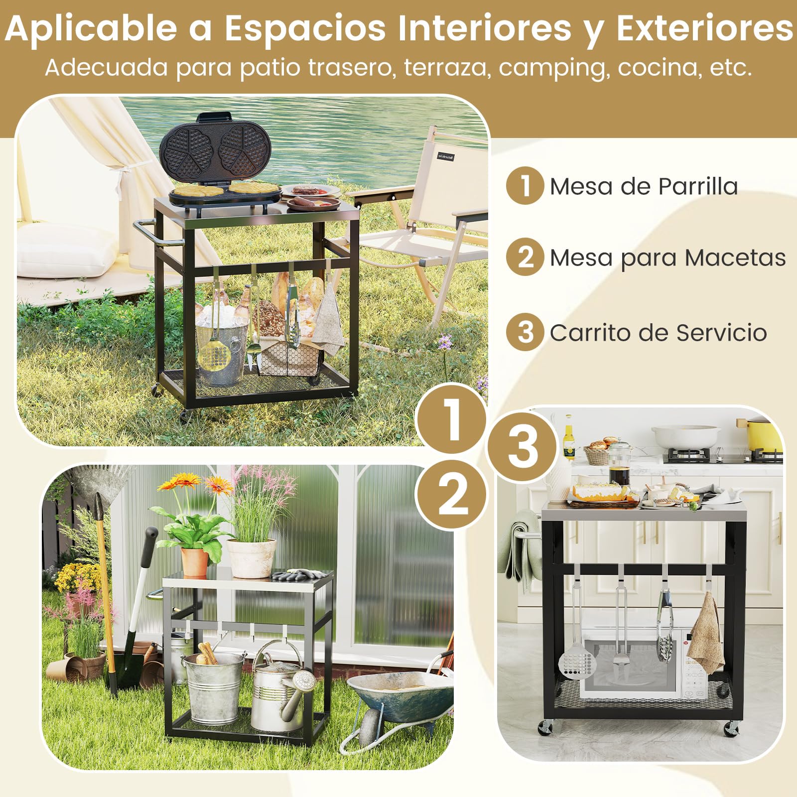 GOPLUS Postre de jardín con Plancha de 2 Niveles de Metal con encimera de Acero Inoxidable, estantería, 4 Ganchos, Ruedas y Mango, para jardín, Patio (83,5 x 50,5 x 84,5 cm, Plateado)