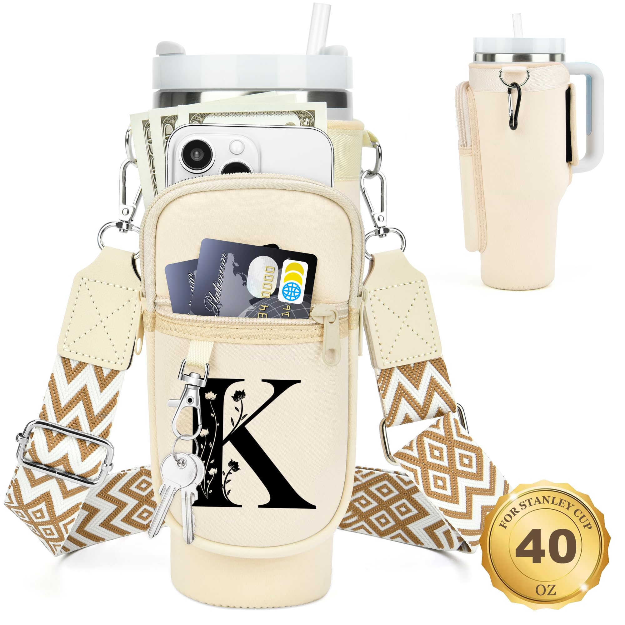 Initial Water Bottle Holder with Strap for Stanley Cup 40 oz Tumbler
