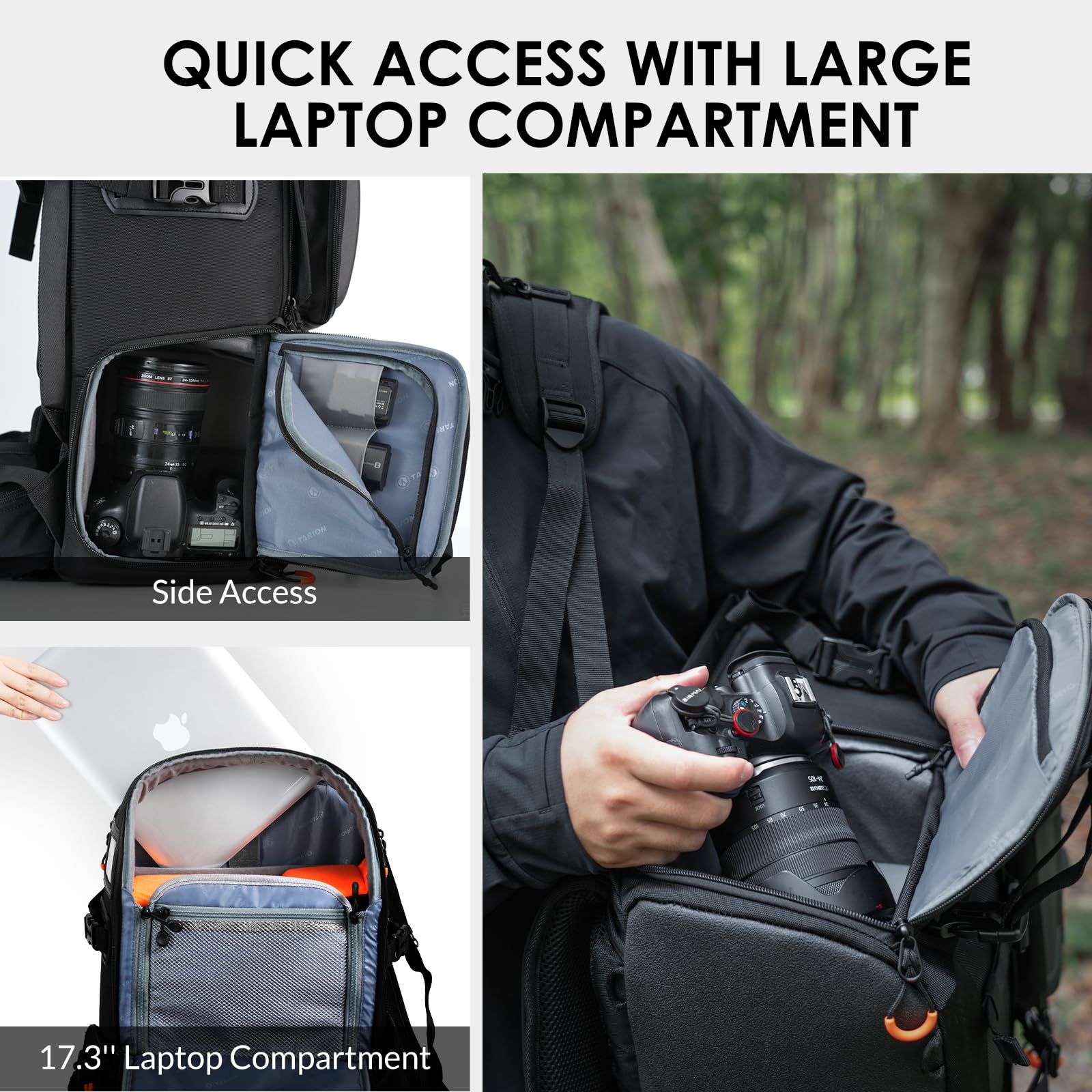 TARION Zaino Fotografico Grande per Fotocamera: Borsa Fotografica per Obiettivi Treppiede Laptop 17,3" Zaino Fotocamera Reflex Grande Capacità Viaggio Trekking Camping Pro PB02