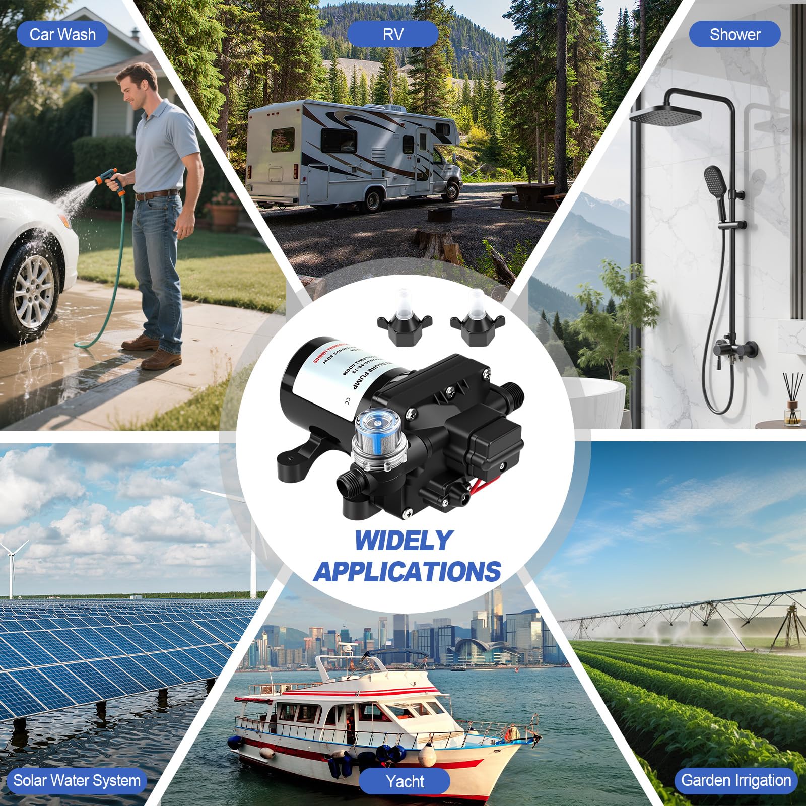 Selbstansaugende Wasserpumpe 12v für Wohnmobil, 4008-101-E65 Druckwasserpumpe 12v Wohnmobil, 4-Kammer-Membranpumpe mit einstellbarem Druckschalter (55 PSI/3,8 bar), PVC & Kupfer, 3 GPM/11.3 LPM