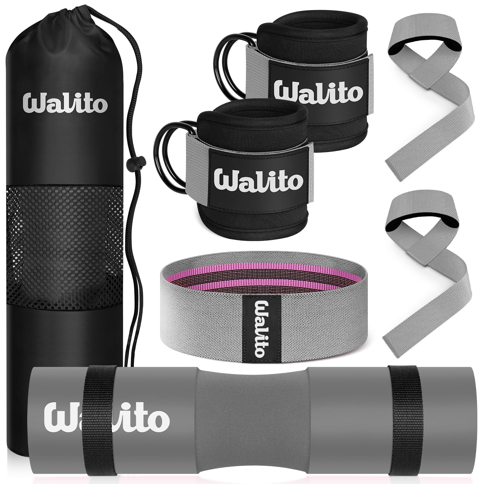 WALITO 8Pcs Barbell Pad Set for Hip Thrust - Squat Pad,Gym Accessories for Women with Bar Bad,Bench Press, with Gym Ankle Straps,Resistance Bands for Working Out,Lifting Strap,Carry Bag