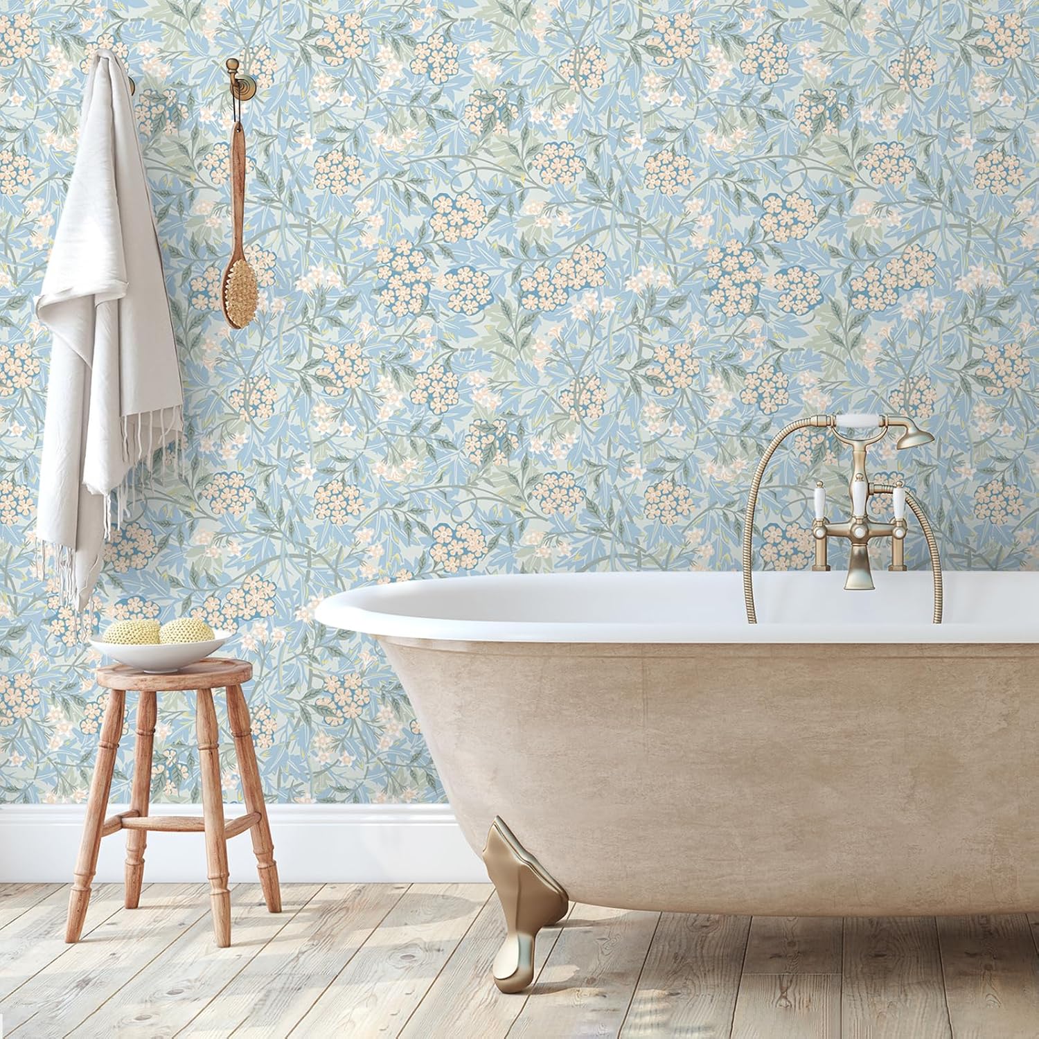VEELIKE Blue Floral Wallpaper Stick and Peel Vintage William Morris Peel and Stick Wallpaper Boho Flower Wall Paper 17.7''x118'' Prepasted Removable Blue Floral Contact Paper for Cabinets Drawers Wall