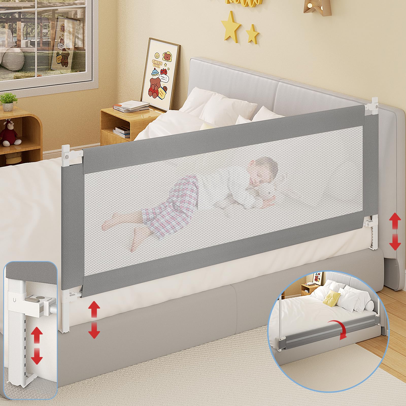 MODCART Bed Rail for Toddlers, Detachable Baby Bed Rail Guard, Suitable for Queen, Full, Bed Rails with Y-Shaped Base for Toddlers and Baby(Grey, 78.7