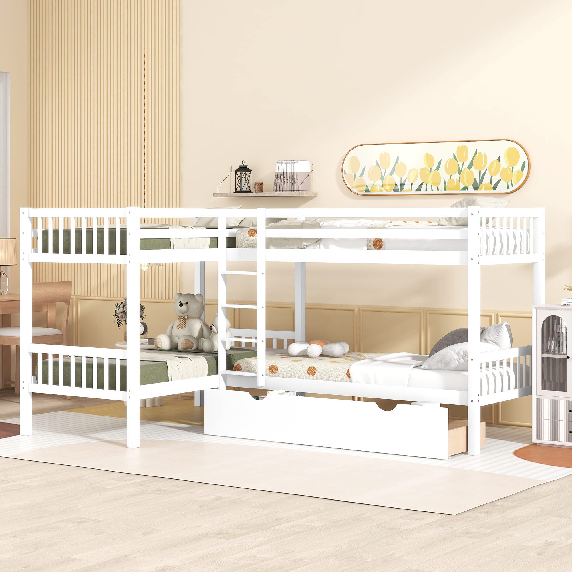 MERITLINE Twin Size Quad Bunk Beds, Kids Bunk Bed with Drawers, Wood L-Shaped Bunk Bed 4 Bed Bunk Beds for Kids,Teens (White)