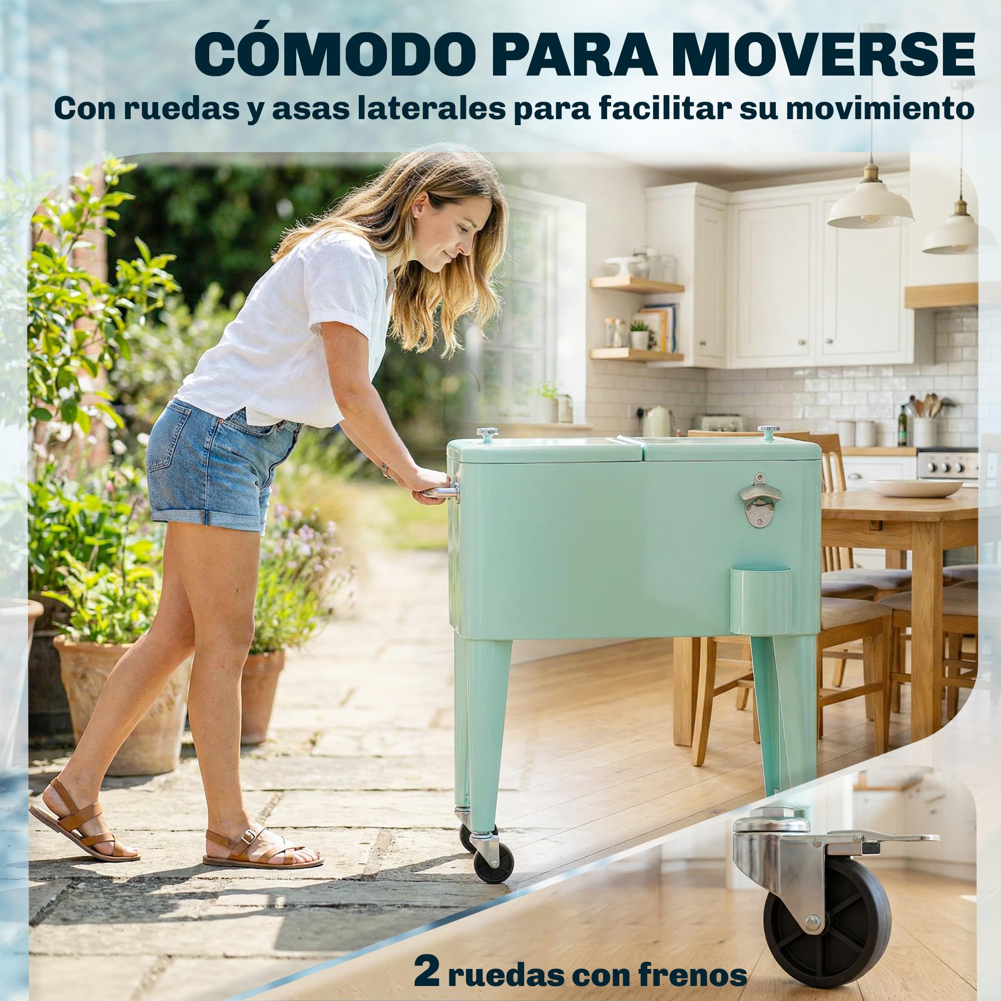 Outsunny Carro de Bebidas Refrigerado 56L con Ruedas, Carro Nevera con Abrebotellas, Recogetapas y Asa, para Patio, Fiesta, Terraza, 75x35x78 cm, Verde Claro