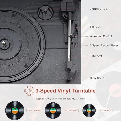 Miniatura 3 de Tocadiscos Bluetooth 9 en 1 con altavoces estéreo integrados, radio AMFM, reproductor de CD y cassette, reproducción USBSD, control remoto para