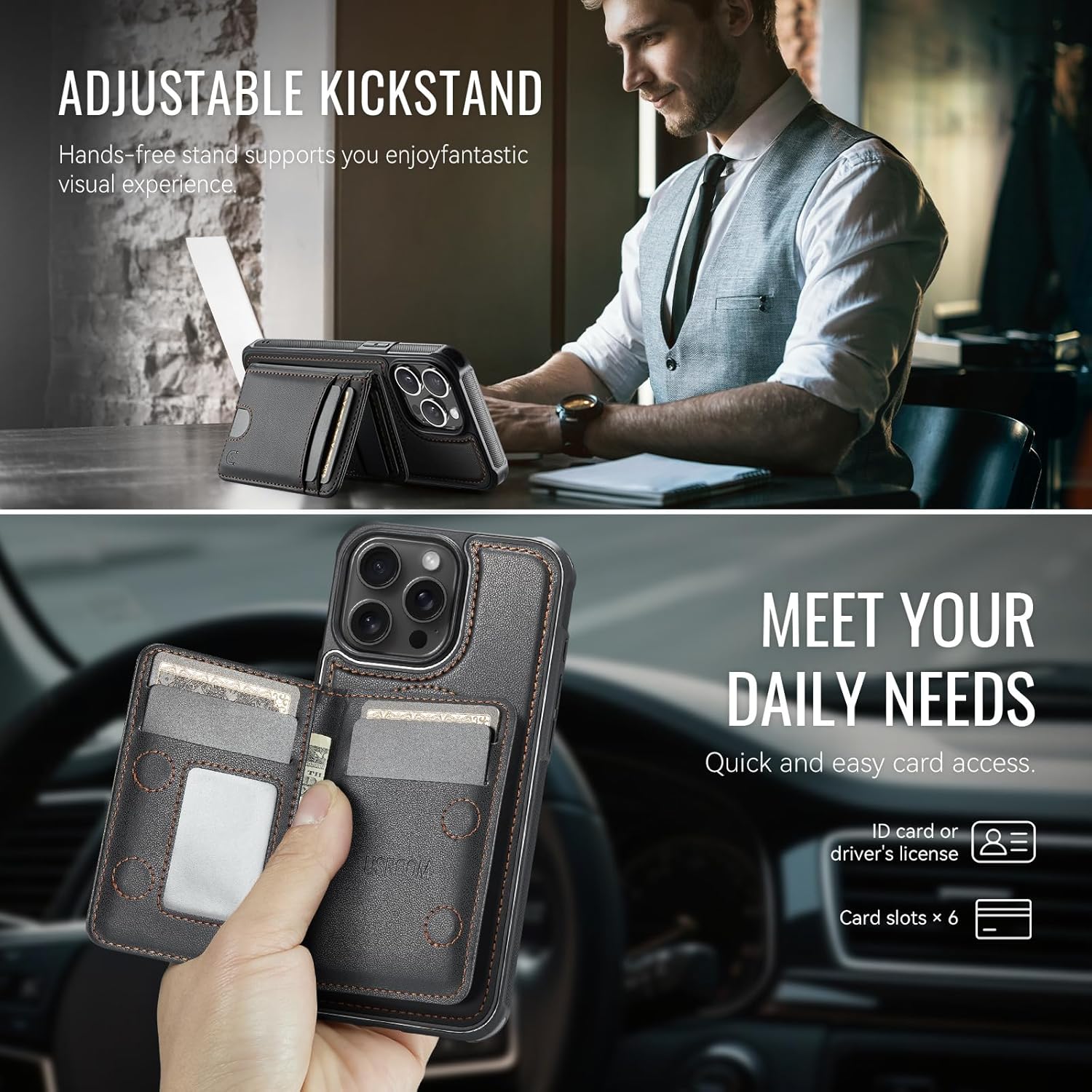 for iPhone 15 Pro Max Wallet Case Compatible with Magsafe, RFID Blocking Magnetic Card Holder Detachable Kickstand Detachable Shockproof Phone Cover, Black