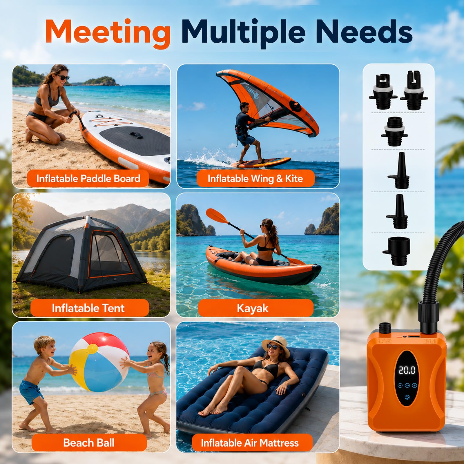 SUP Pumpe Elektrisch Wiederaufladbar 20 PSI, Akku Paddle Board Pumpe mit Auto Stopp und Digitalanzeige, 12000mAh SUP Kompressor für Stand Up Paddle Board, Kajak, Schlauchboot, Luftmatratze
