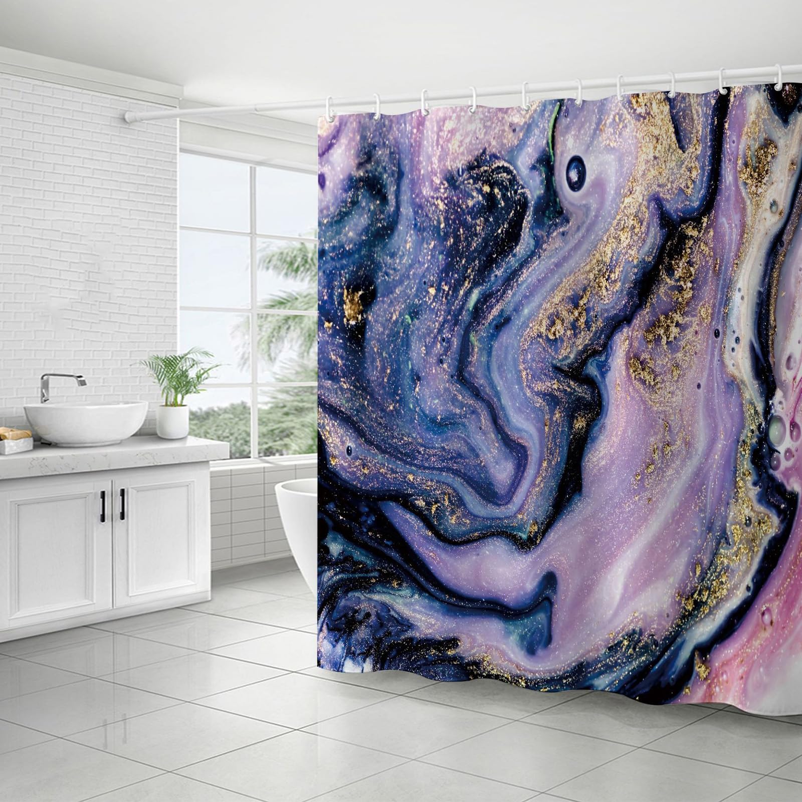 FAIRYGATE Bath Curtains Purple Marble Stall Shower Curtain Purple Mix White Ombre Modern Abstract Wave Luxury Bathroom Curtain Bathtub Home Decor Waterproof Fabric Machine Washable B8918