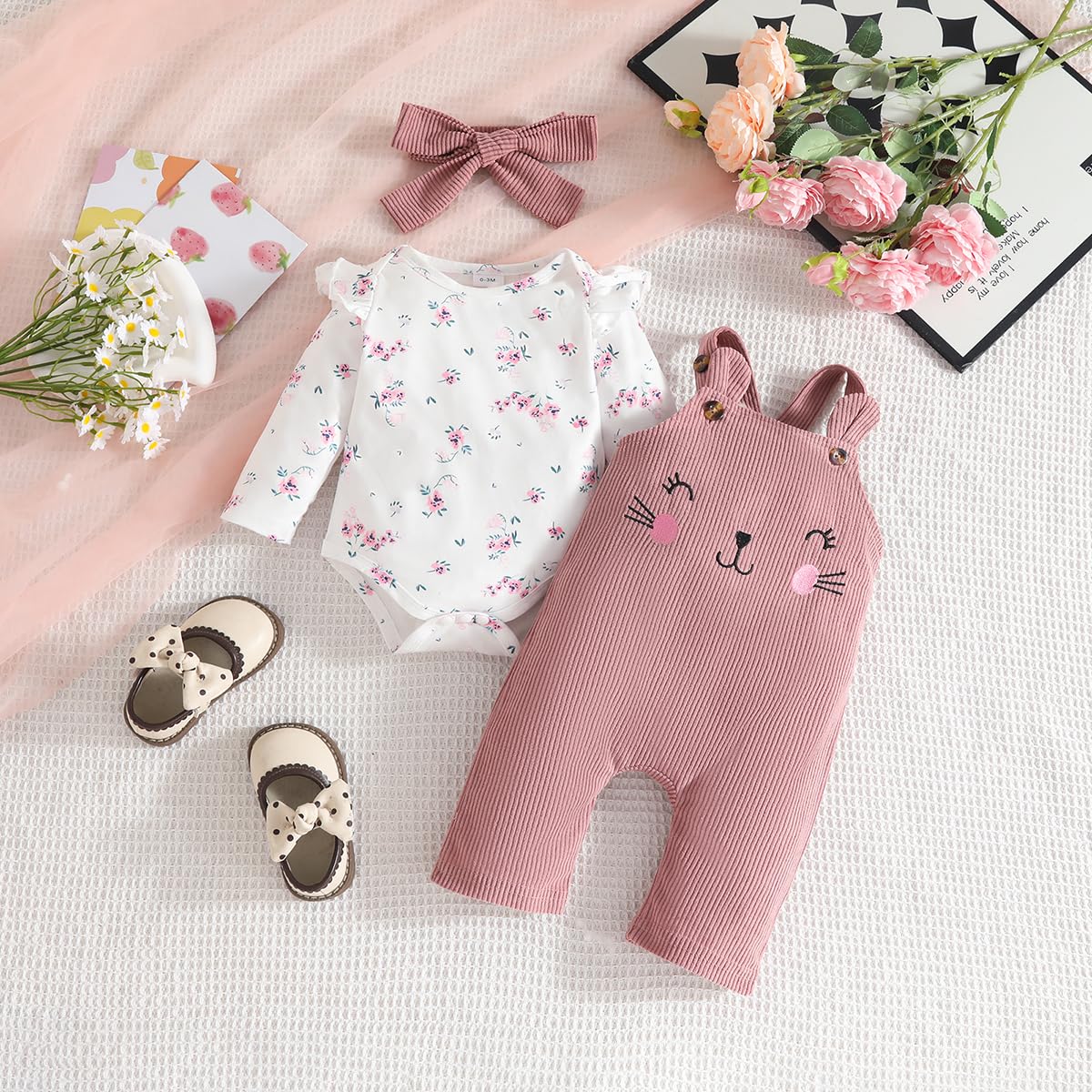 3tlg Baby Mädchen Kleidung Outfits Set Blumen Strampler Tops+ Einstellbare Overalls Pants+Stirnband für 0-18 Monate