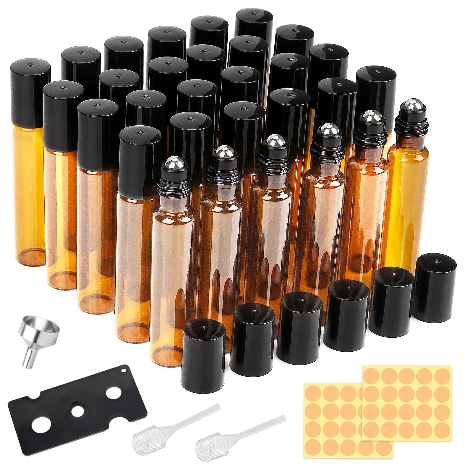 DKBT 30 bottiglie vuote da 10 ml, rollon, per olio essenziale, marrone, rollon, per oli con rullo in acciaio inox, oli essenziali, lozioni, profumi, massaggi