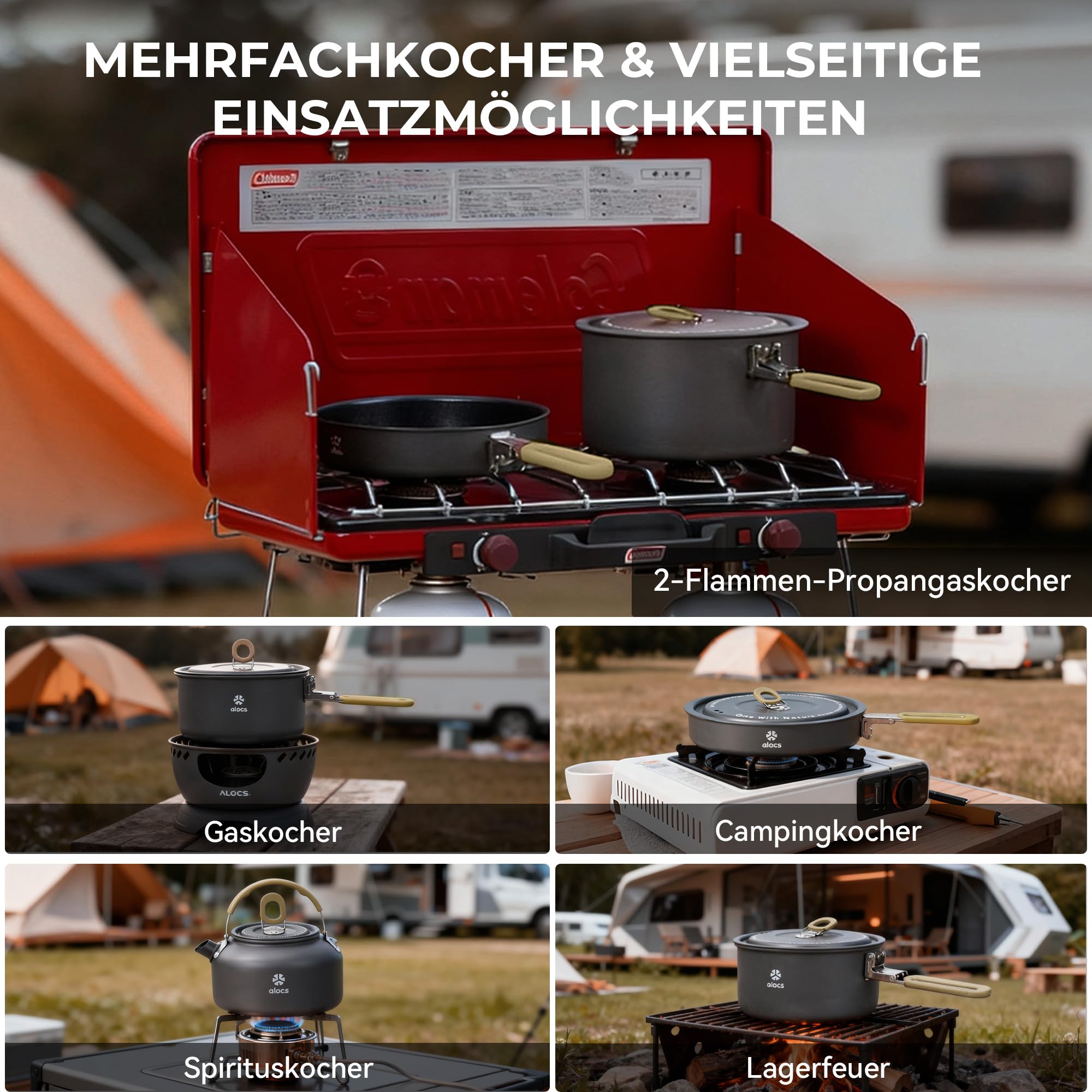 Alocs Camping Kochgeschirr, tragbares Antihaft-Campingpfannen-Set mit verbessertem Griff, ideal für Outdoor-Küche, Picknick, Wandern und Angeln