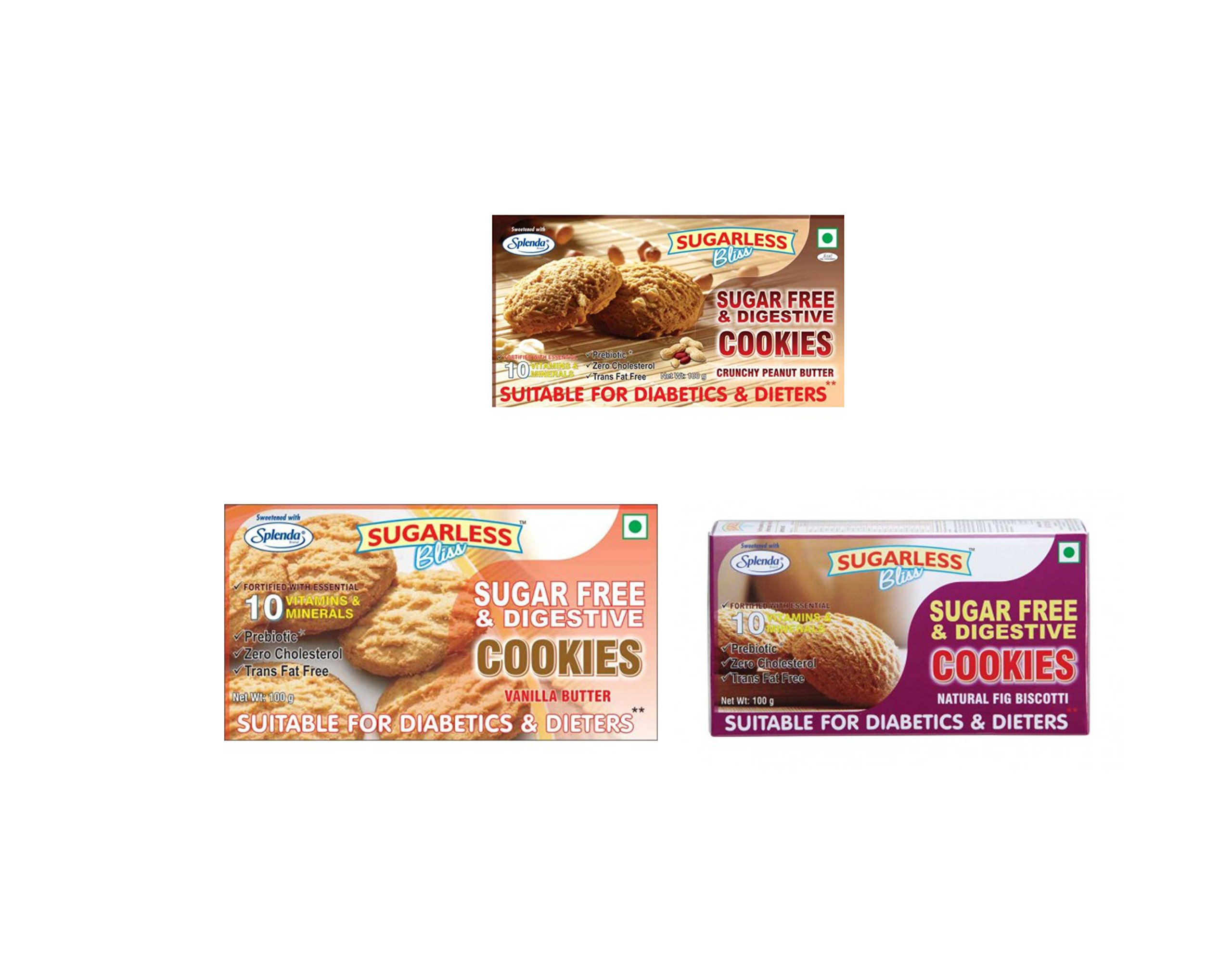 Sugarless Bliss Vanilla Butter cookies, 100g+Sugarless Bliss Crunchy Peanut Butter 100g+Sugarless Bliss Fig Biscotti Cookies 100g