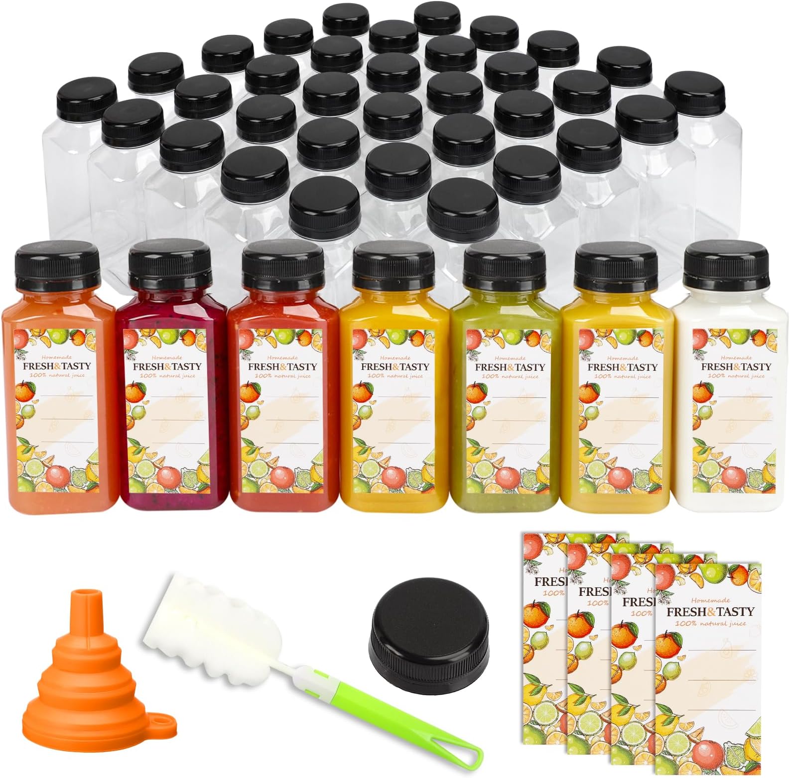 TOMNK 45pcs 8oz Plastic Juice Bottles with Black Caps Empty Reusable Clear Bottles with Label, Funnel and Brush Beverage Containers Bulk with Lids for Juicing, Smoothies, Fridge
