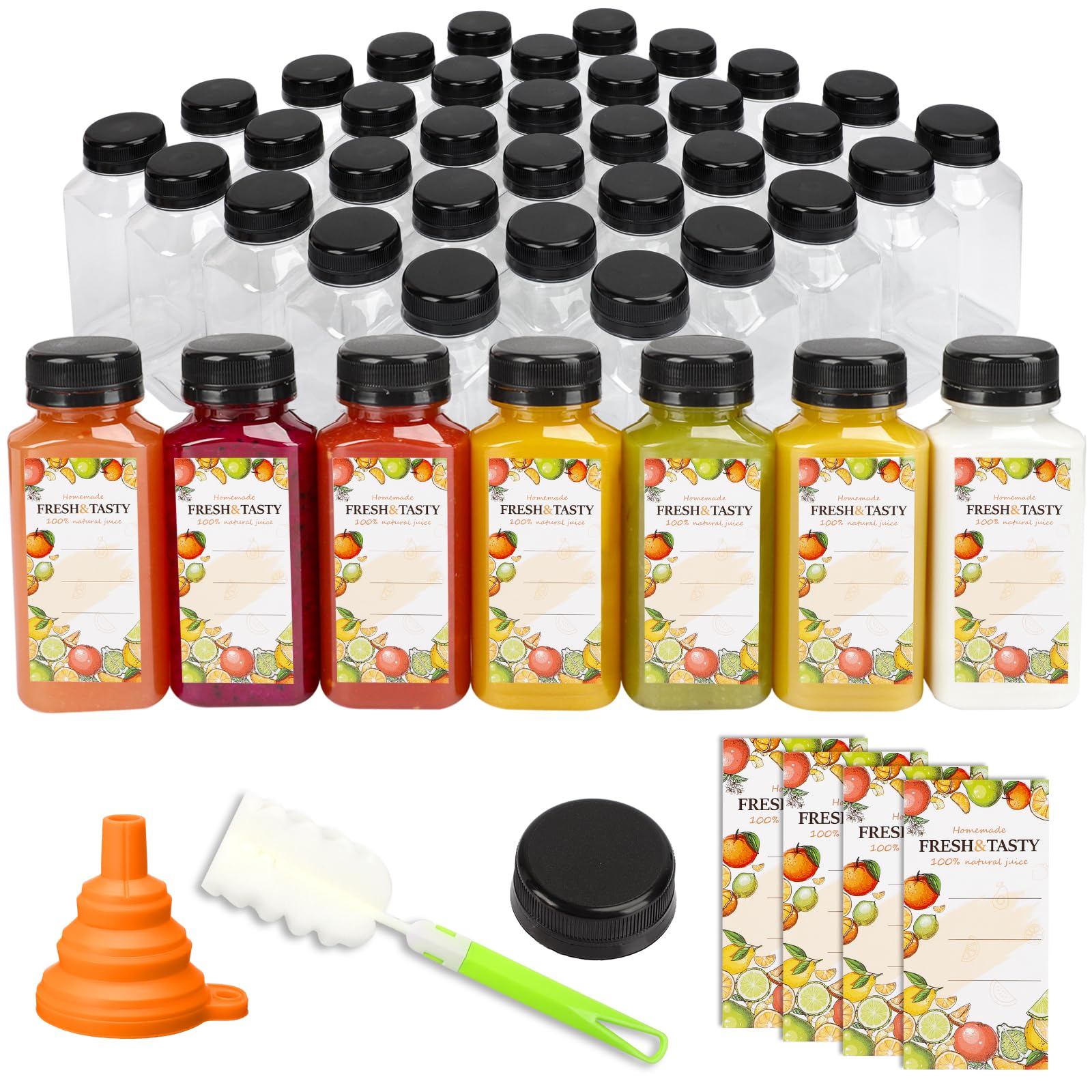 TOMNK 45pcs 8oz Plastic Juice Bottles with Black Caps Empty Reusable Clear Bottles with Label, Funnel and Brush Beverage Containers Bulk with Lids for Juicing, Smoothies, Fridge