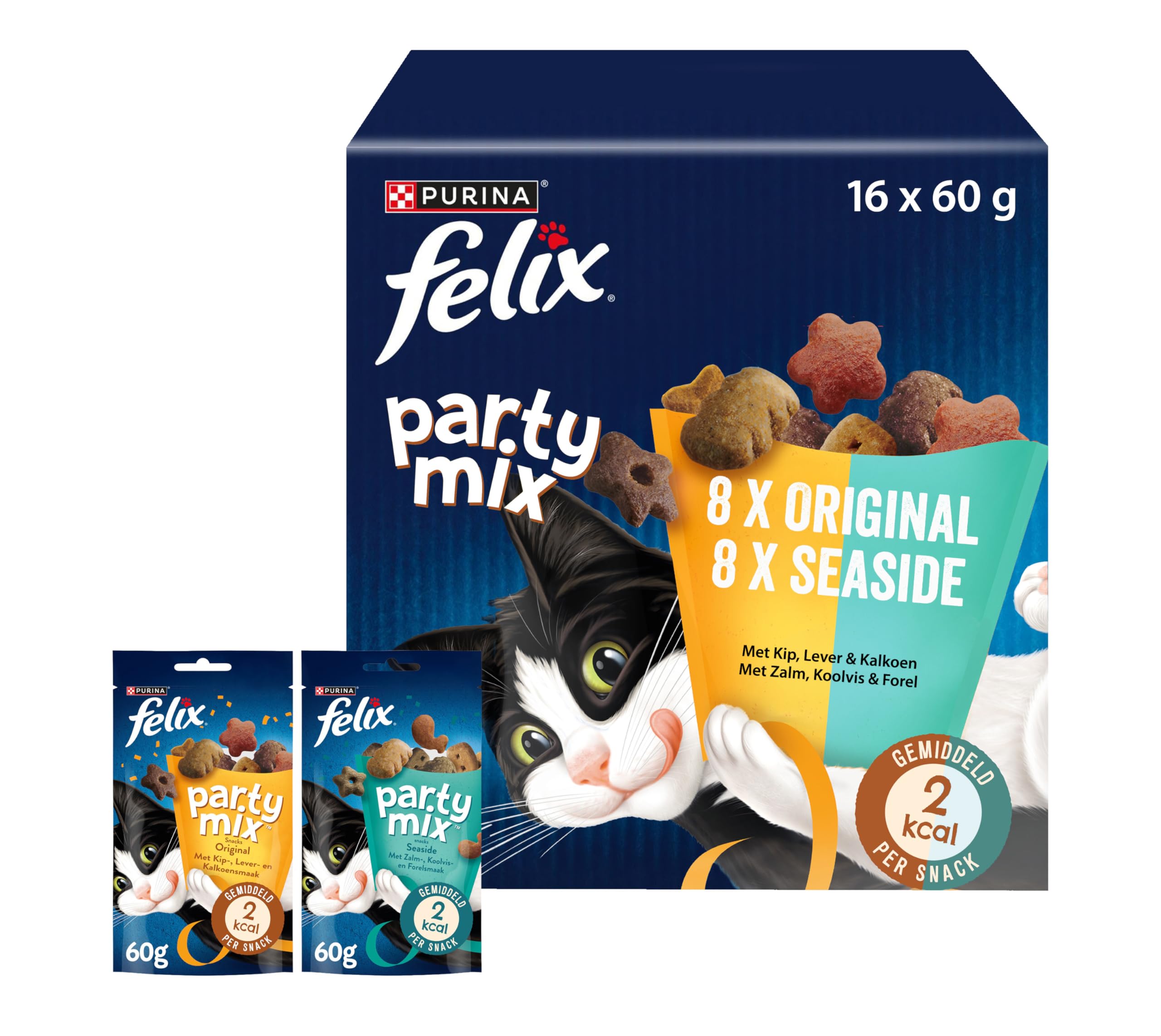 Felix Knabber Mix Original & Plaisir de Plage, Snack pour Chat avec différentes variétés Mixtray 2 x (8 x 60 g)