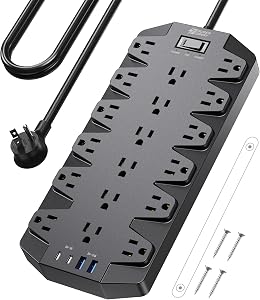 Power Bar with Surge Protector, SUPERDANNY 18 Widely-Spaced AC Outlets and 2 USB 2 C Ports, 2100 Joules, 1875W/15A, 6.5Ft Flat Plug Extension Cord, Wall Mountable for Home, Office, Dorm, Black
