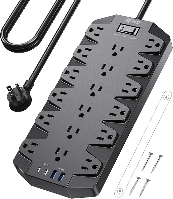 Power Bar with Surge Protector, SUPERDANNY 18 Widely-Spaced AC Outlets and 2 USB 2 C Ports, 2100 Joules, 1875W/15A, 6.5Ft Flat Plug Extension Cord, Wall Mountable for Home, Office, Dorm, Black