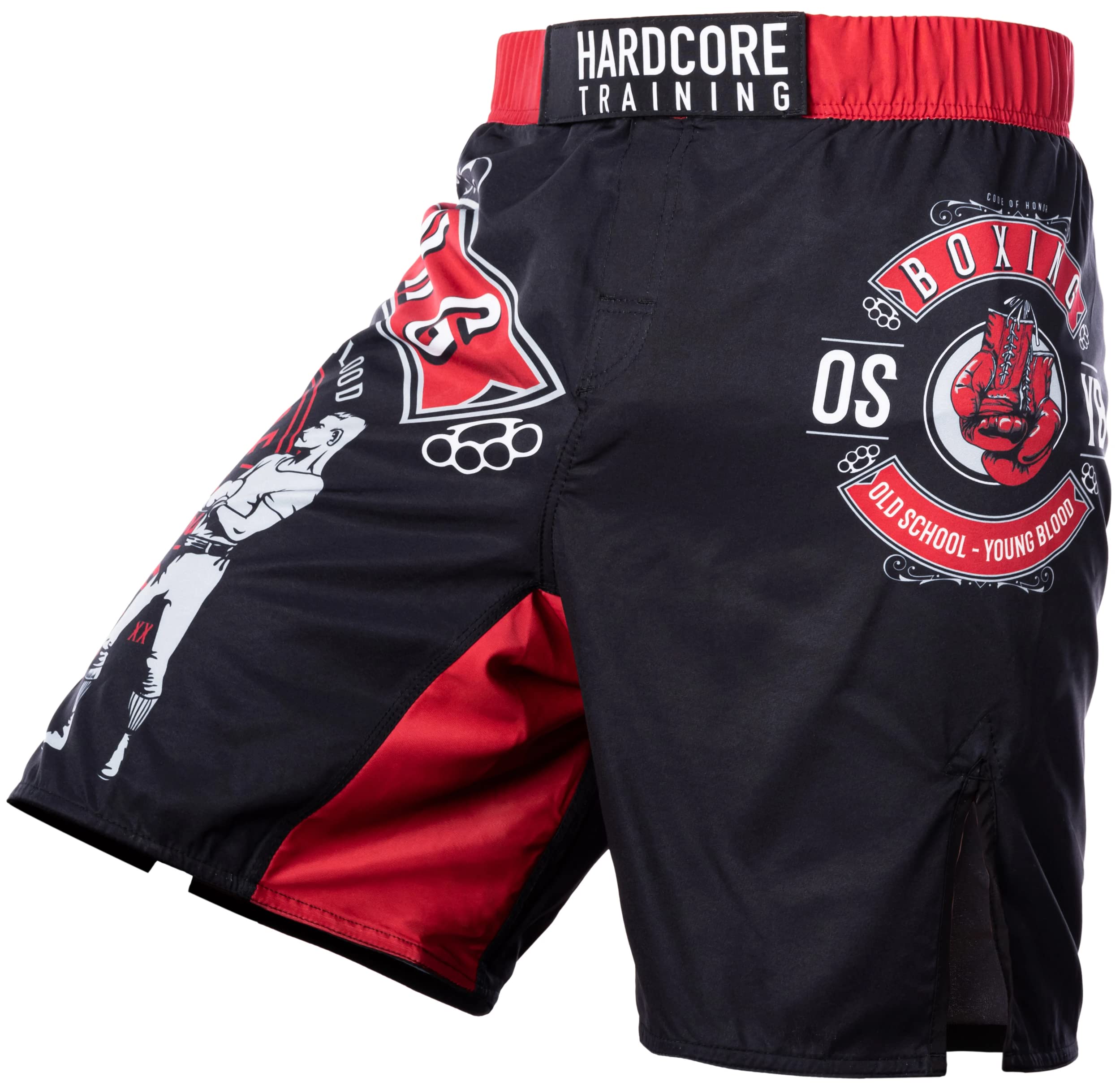 Hardcore Training Fight Shorts Boks Męski Szorty do Walki MMA Combat BJJ Grappling Fitness Muay Thai Kickboxing No Gi (DE/NL/SE/PL, Alfa, 3XL, Regularny, Regularny, Czarny Czerwony Burgundowy)