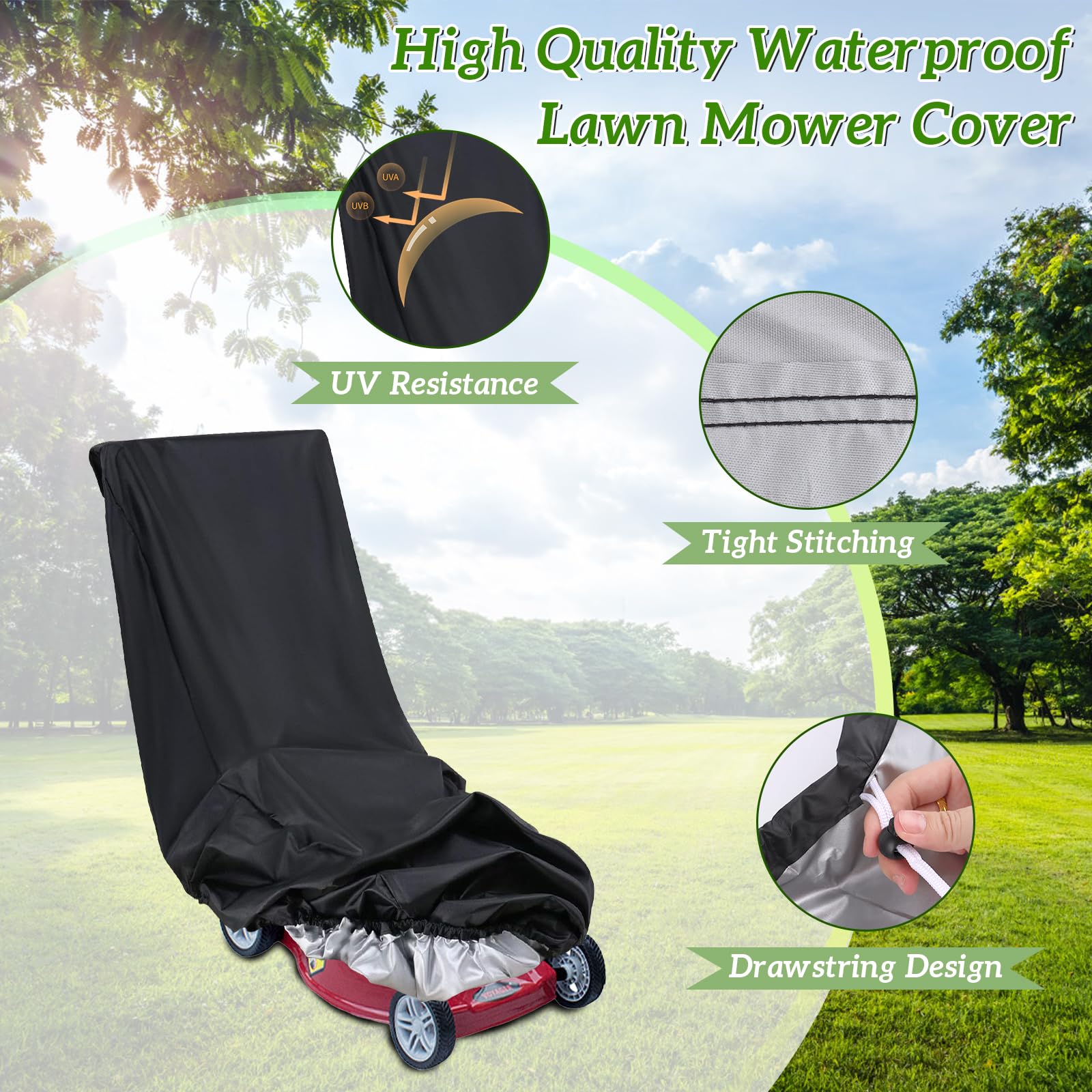 Cubierta para cortacésped para exterior impermeable 420D, 195 x 112 x 66 cm, cubierta impermeable para cortacésped, funda Oxford con cordón y bolsa de almacenamiento