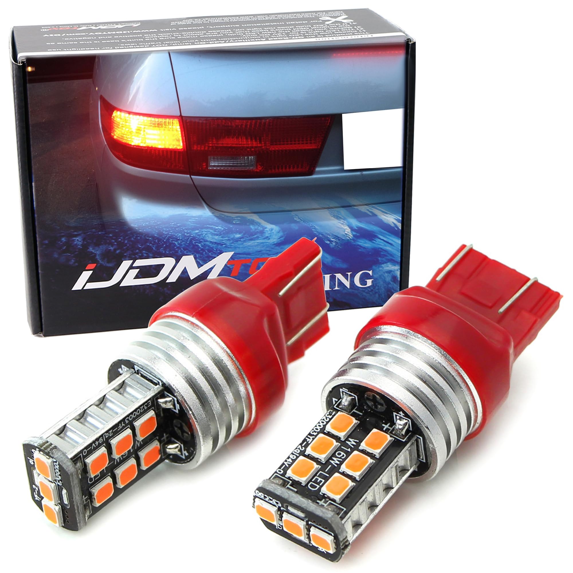 iJDMTOY Strobe/Flashing Featured Red 15-SMD 7443/T20 Replacement Bulbs Compatible With Brake/Tail Lights