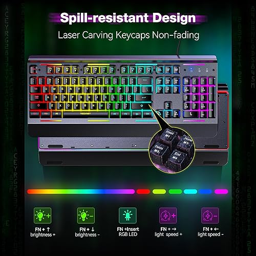 Miniatura 6 de TECKNET Teclado para juegos, teclado de computadora con cable USB, iluminación RGB de 15 zonas, resistencia al agua IP32, 25 teclas anti-fantasma,