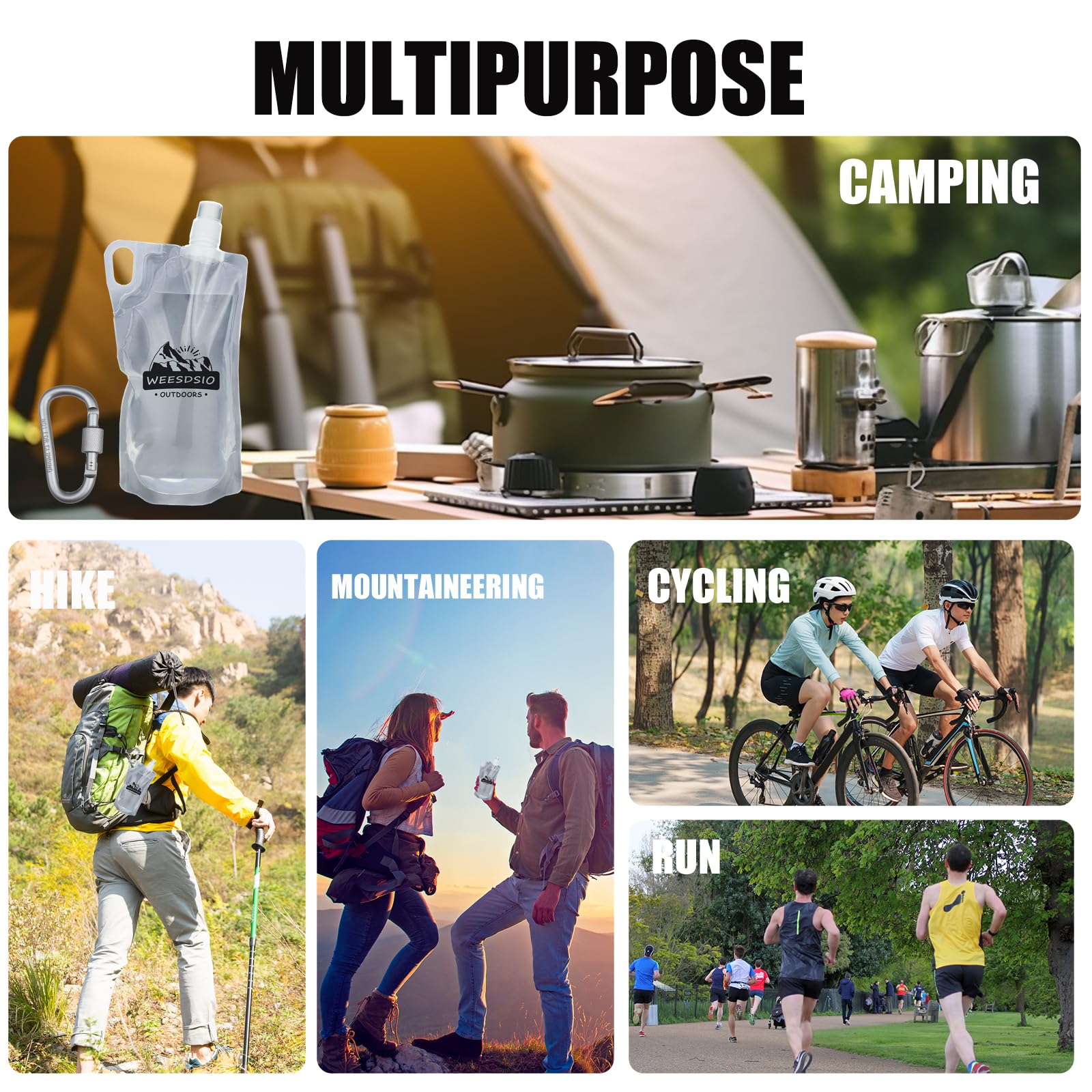 Faltbare Wasserflaschen mit Bergsteiger-Schnalle (nicht zum Klettern geeignet), BPA-frei, faltbar, für Camping, Wandern, Laufen, Radfahren, Bergsteigen, 5 Stück