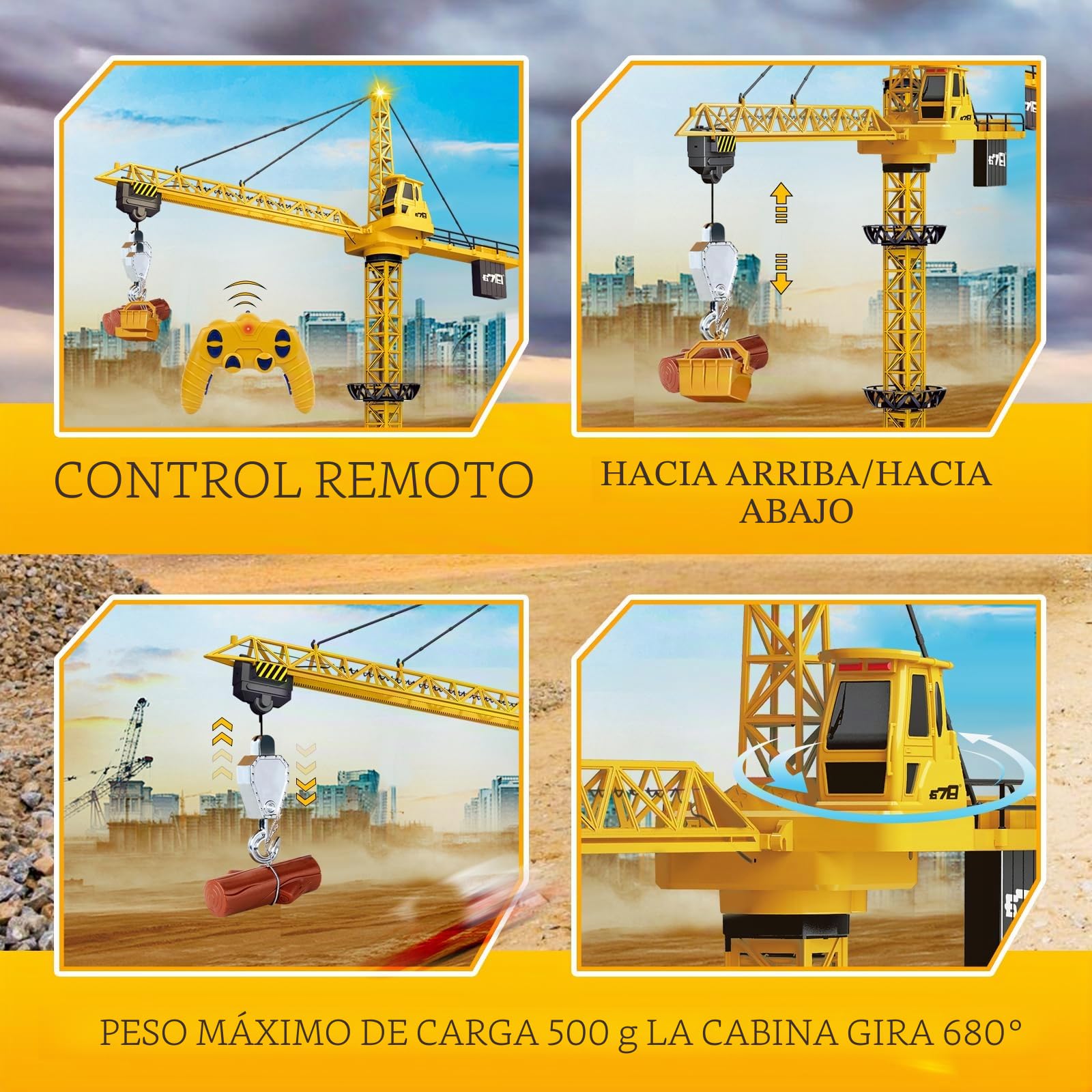 Ulikey Grúa Torre Teledirigida, 2.4GHz Gruas de Juguete de 6 Canales, 128 cm RC Grúas Torre de Construcción, Elevador Giratorio de 680, con Luces y Sonidos, Regalos para Niños de 3 a 10 Años