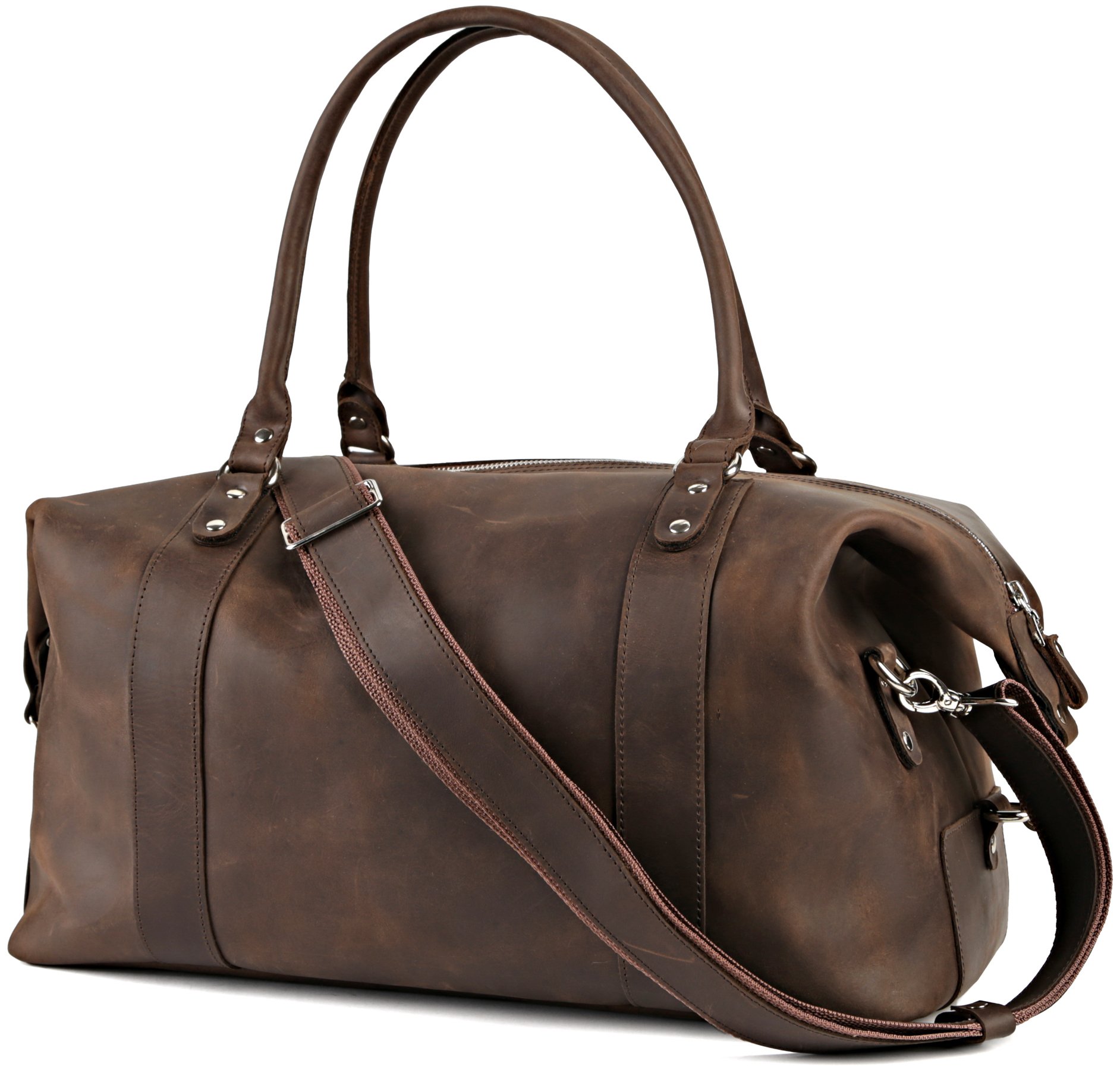 Shvigel Leather Duffel Travel Bag - Sports Gym Bag - Weekend Overnight Luggage Bag - Weekender (Brown Vintage)