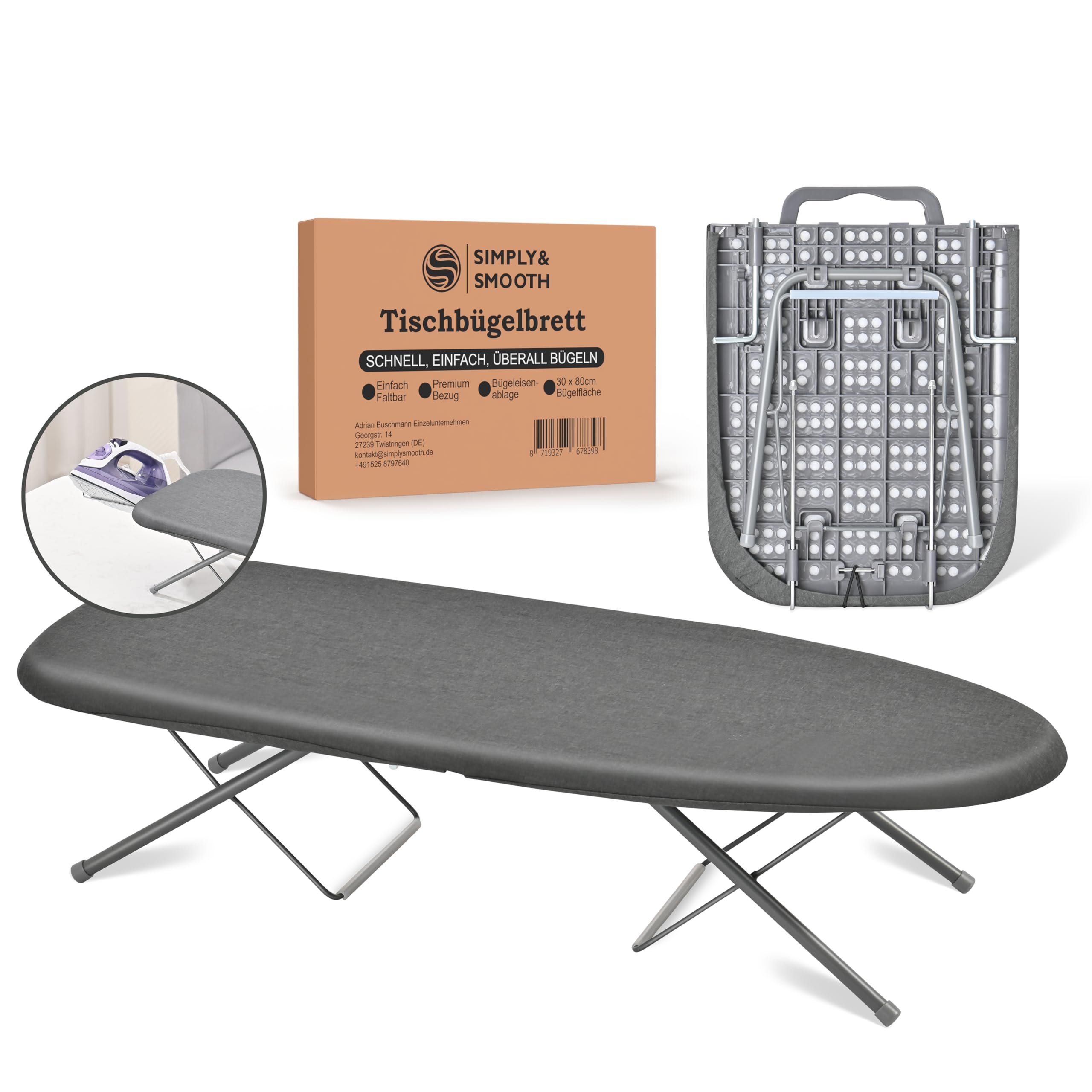 SimplySmooth Planche à Repasser Pliable avec Repose-Fer - Mini Table à Repasser de 77 x 30 cm - pour la Table avec poignée de Transport, Pieds en Caoutchouc et Housse de qualité