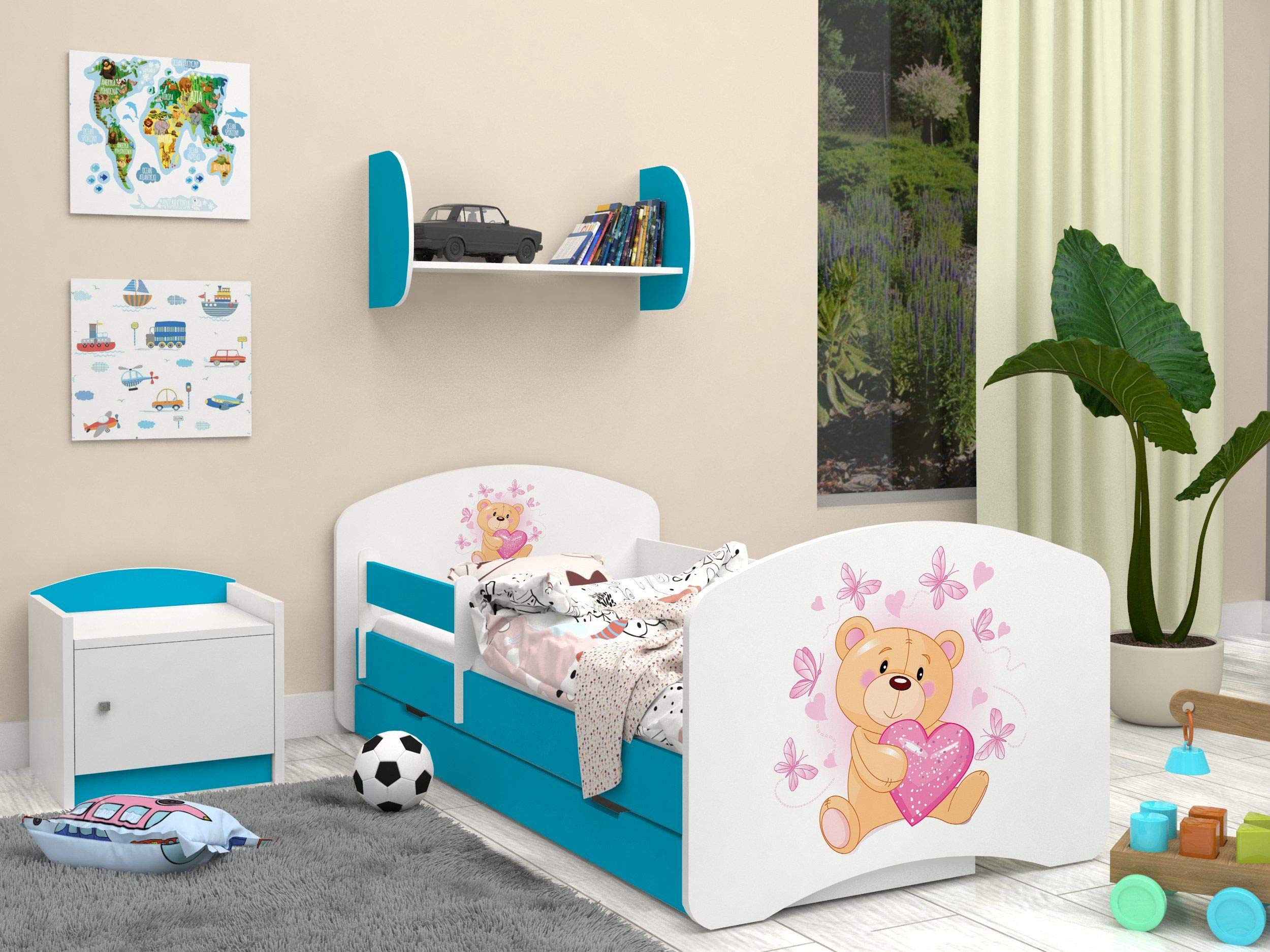 Happy Babies – dwustronne łóżko dziecięce z szufladą Nowoczesne wzornictwo z bezpiecznymi krawędziami i zabezpieczeniem przed upadkiem materac piankowy 7 cm niebieski (miś w miłości, 140 x 70)