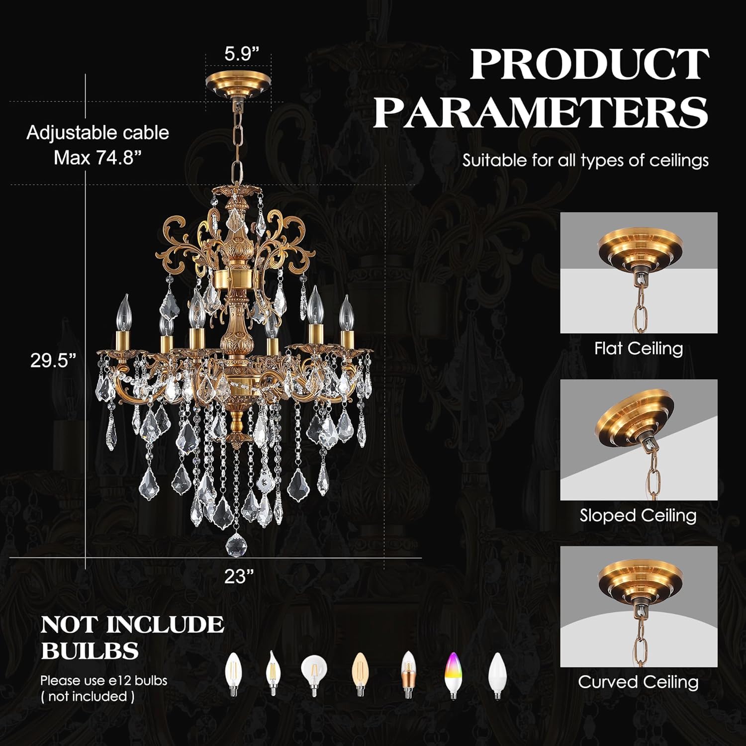 Luxury Antique Bronze Crystal Chandeliers with Candle Pendant Ceiling Light Fixture - 6 Lights Gold Crystal Chandelier for Dining Room, Living Room, Kitchen, Bedroom - D23 inch