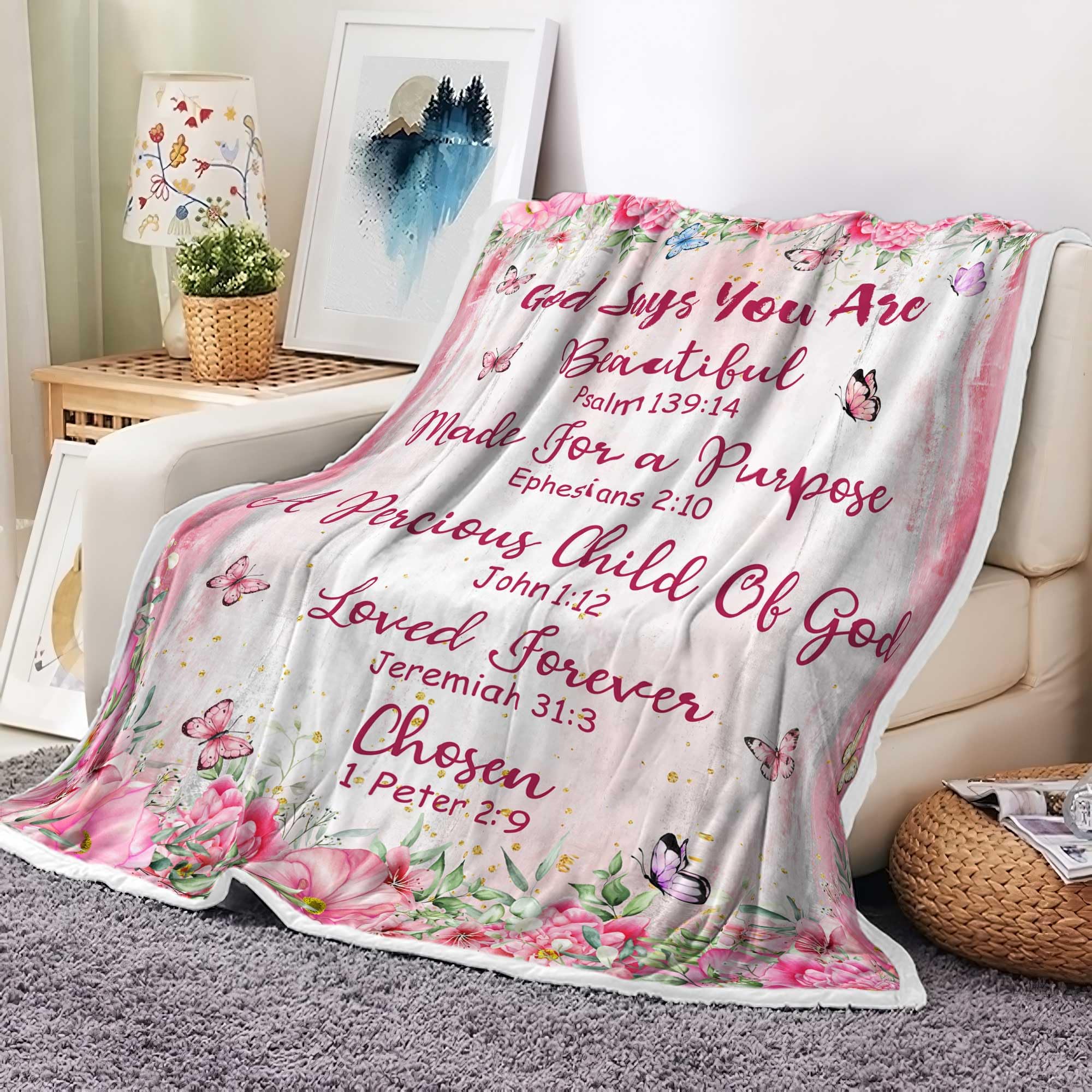 Christian Blanket for Women, Pink Floral Butterfly Inspirational Bible Verse Throws Blankets, Religious Birthday Kids Girls Soft Cozy Flannel Blanket 60X70IN