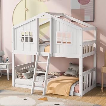 Twin Over Twin House Bunk Beds,Wood Bunk Bedfame with 2 Windows and Ladder for Kids Teens,No Box Spring Needed(White)