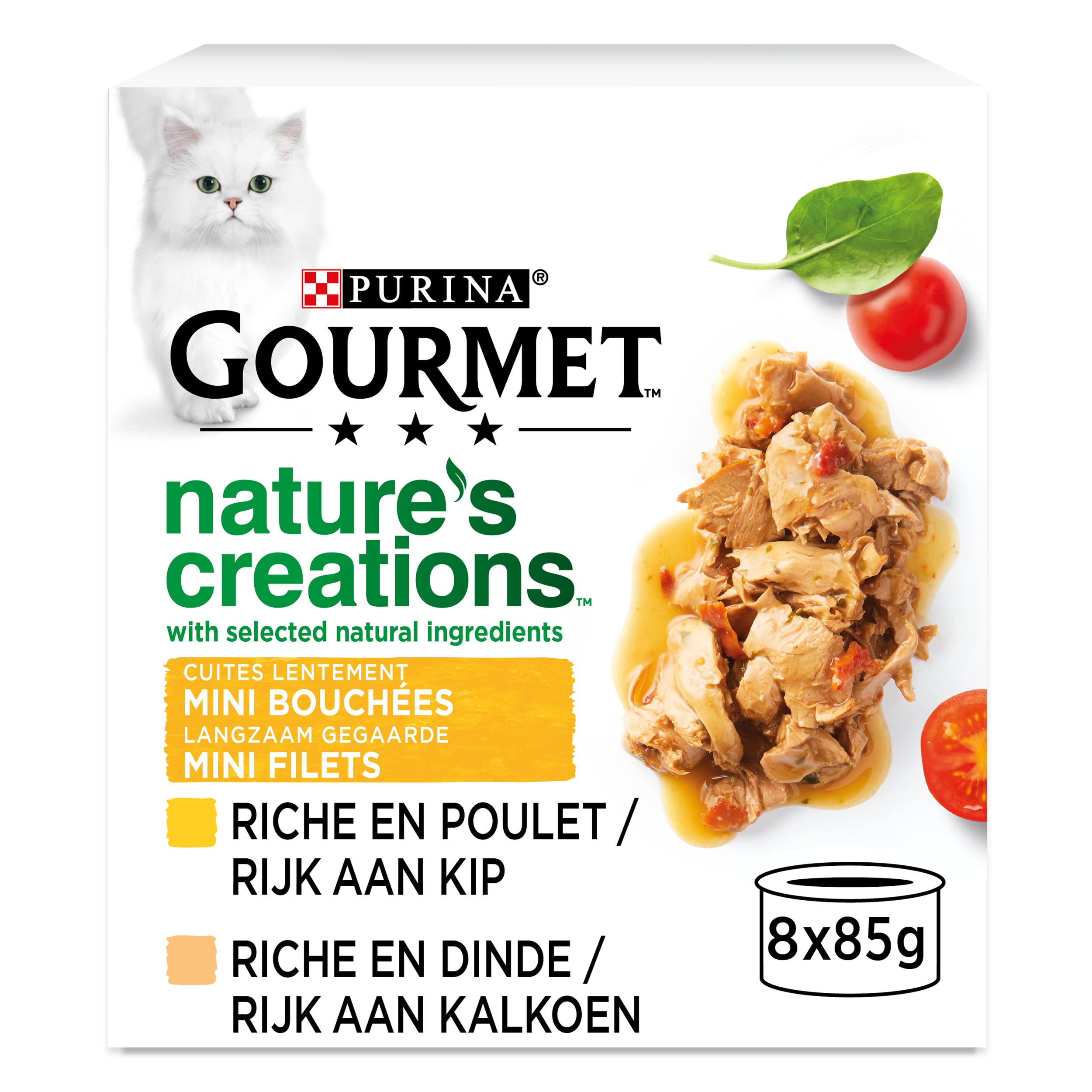 Gourmet | Nature's Creations | Gato Adulto | Mini Bocados con Ingredientes Naturales seleccionados | Carne: Pollo, Pavo | Paquete de 12 (8 x 85g)