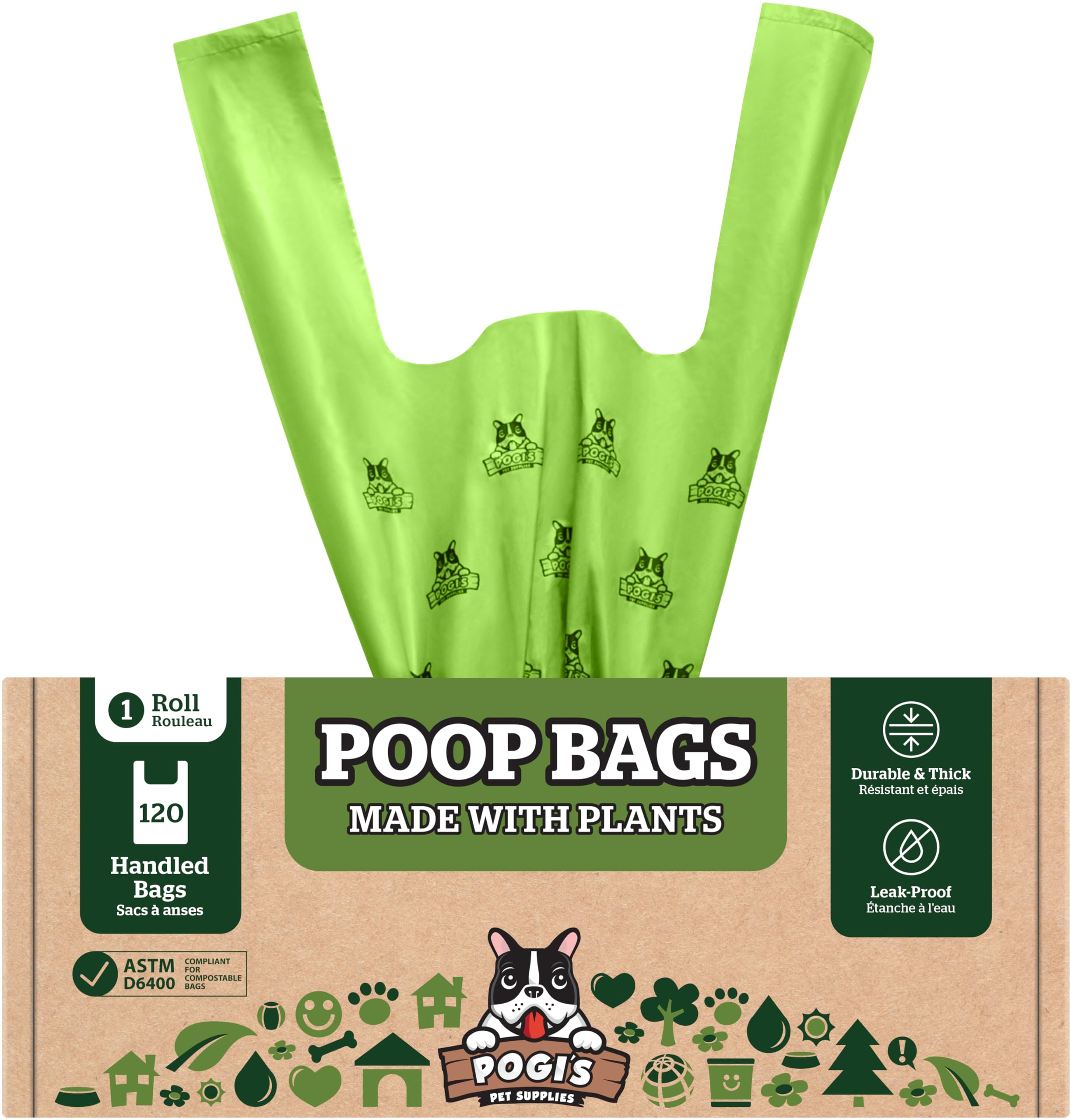 Pogi's Compostable Poop Bags with Easy-Tie Handles – Leak-Proof, Extra-Large, Made with Plants (Single Roll, 120-Count)
