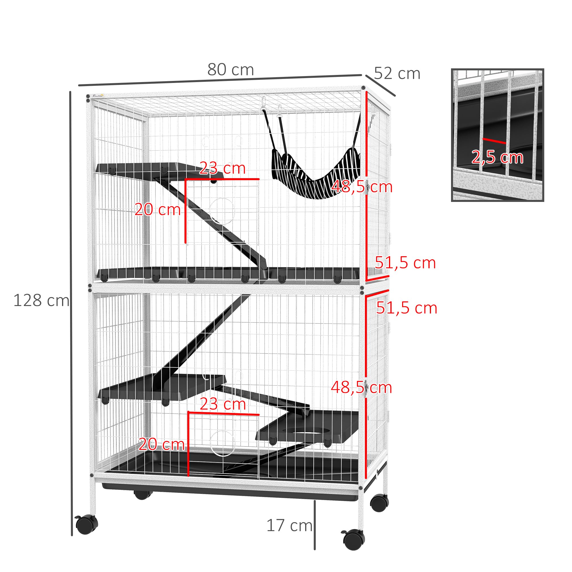 PawHut Gabbia per piccoli animali a 4 livelli, 80 x 52 x 128 cm, bianco | Gabbia per roditori, ruote, rampe, amaca sospesa, vassoio rimovibile, recinto per conigli, cincillà, furetti