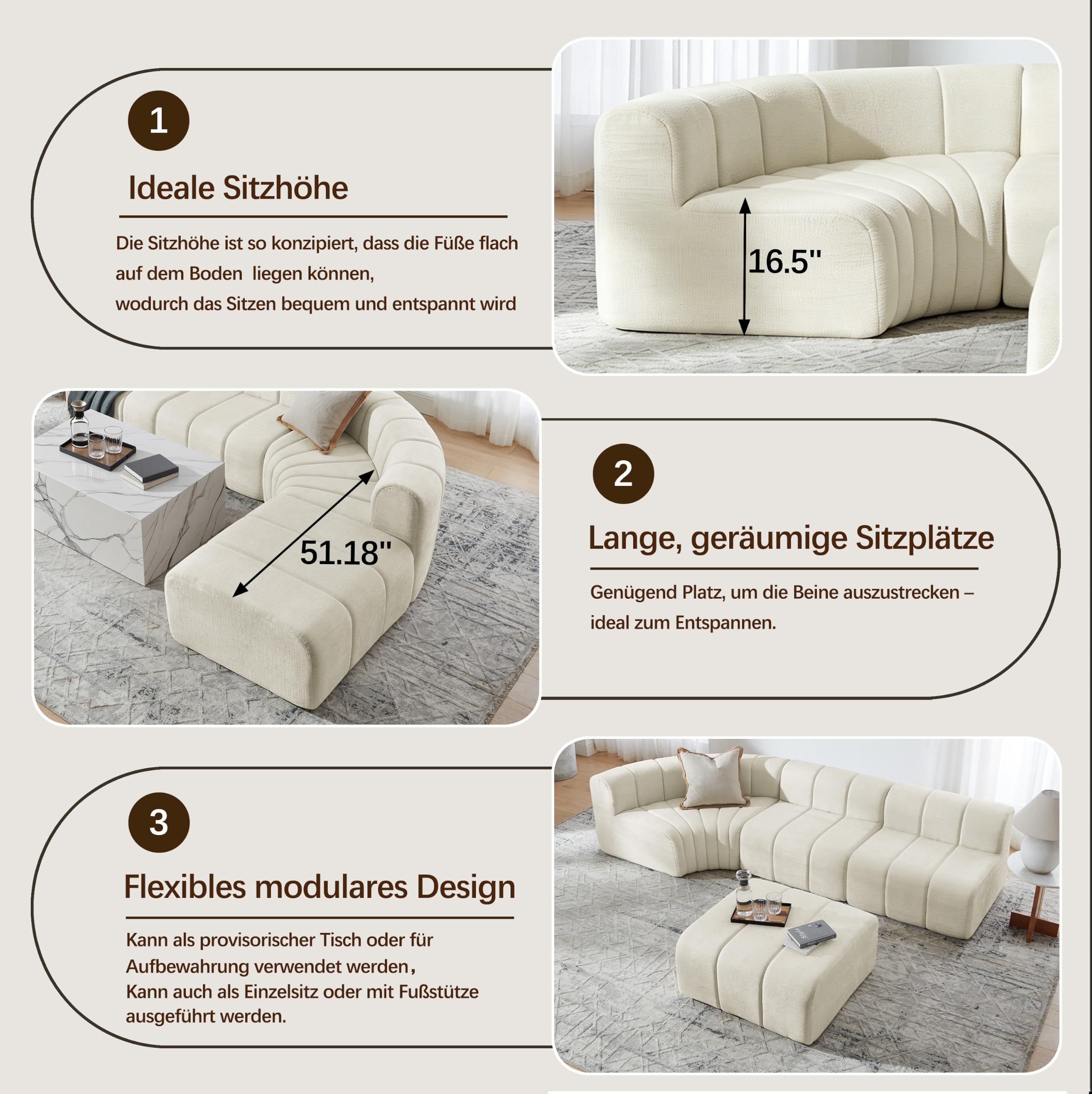 Sofá esquinero de compresión de 4 plazas con módulos combinables. Los módulos sin respaldo se pueden utilizar como mesa de almacenamiento temporal, reposapiés o asiento individual, color beige