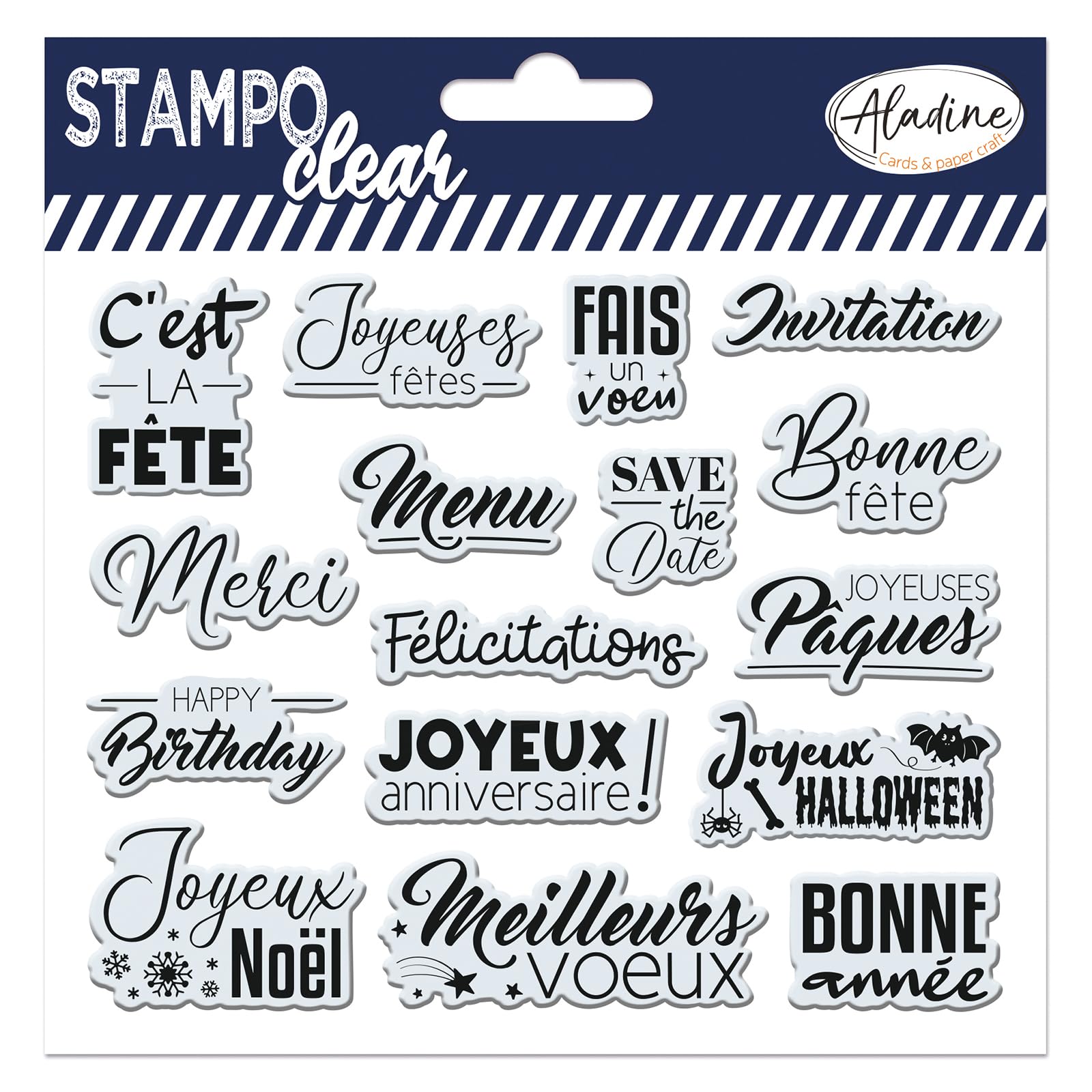 Aladine - 16 Event Stamps - Happy Birthday, Happy Birthday, Thank You, Happy Holidays, Invitation - Stampo Clear - Clear Stamps Scrapbooking, Card Making - 04245
